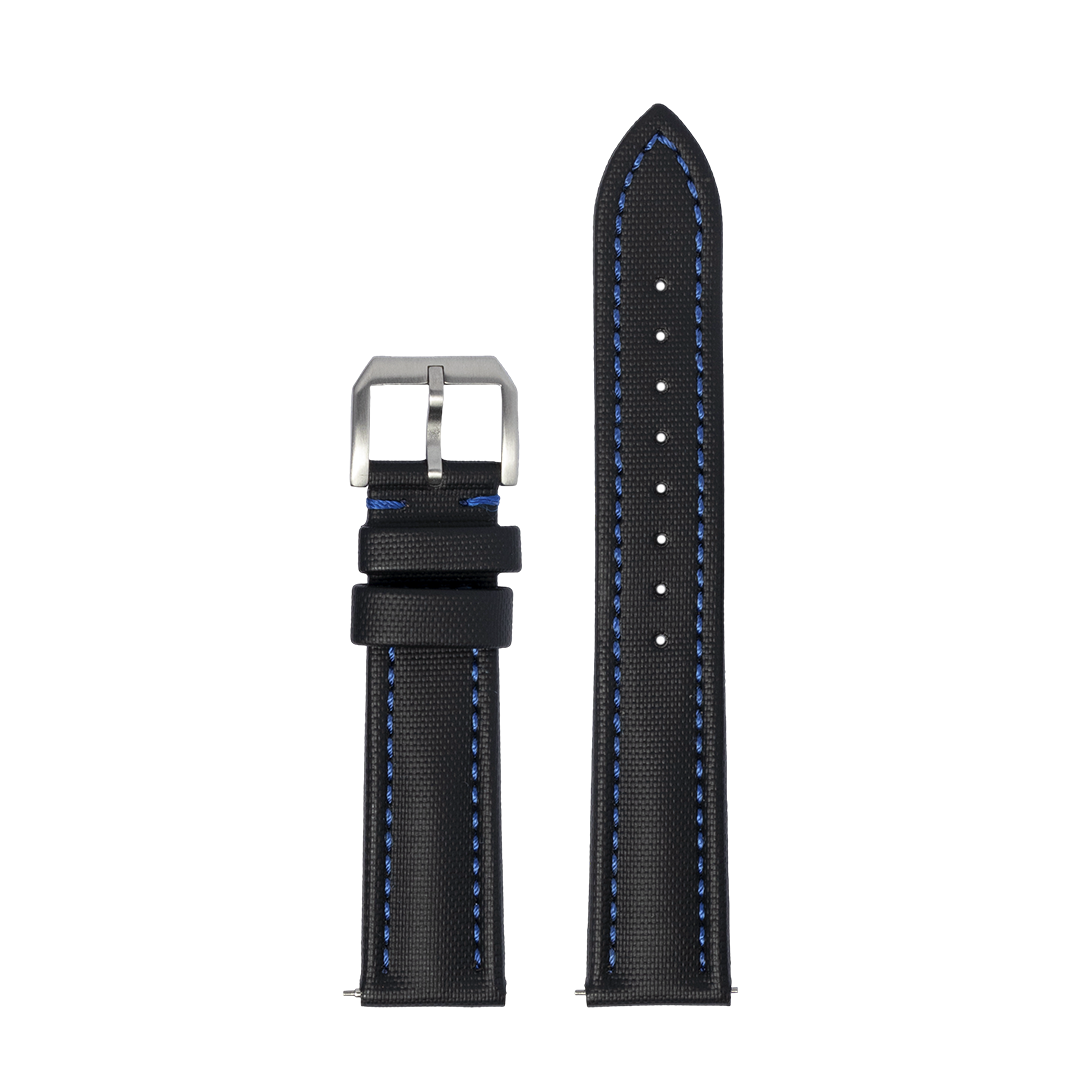 Black King Sailcloth watch strap with navy blue stitching and stainless steel buckle for Garmin QuickFit