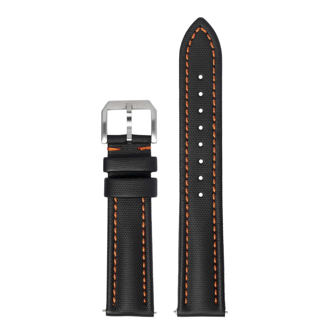 Black sailcloth Apple Watch band with orange stitching, stainless steel buckle, and white stitched holes detail
