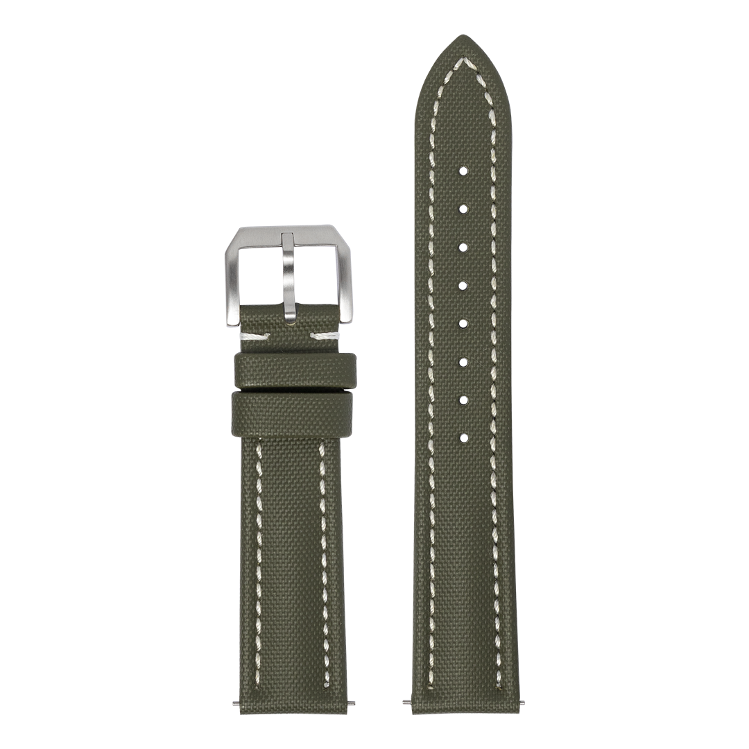 Army green King Sailcloth watch strap with white stitching and stainless steel buckle for Garmin QuickFit