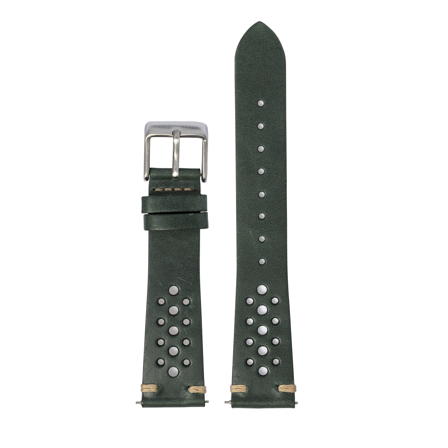 Forest green vintage rally leather watch strap with silver studs and buckle, 20mm quick fit band