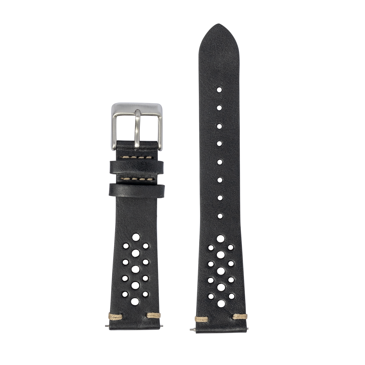 Black leather watch band with perforated rally design, stainless steel buckle, quick-fit 20mm connector for smartwatch