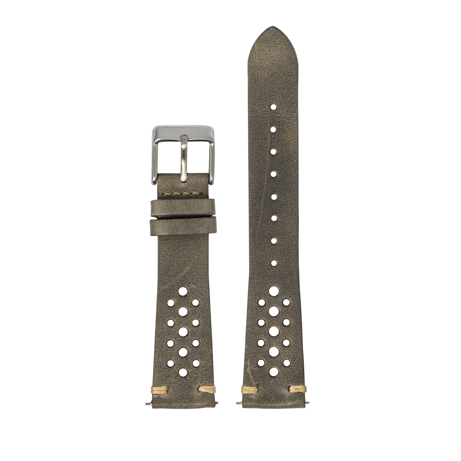 Vintage rally grey leather watch strap with quick-release pins, stainless steel buckle, and perforated design