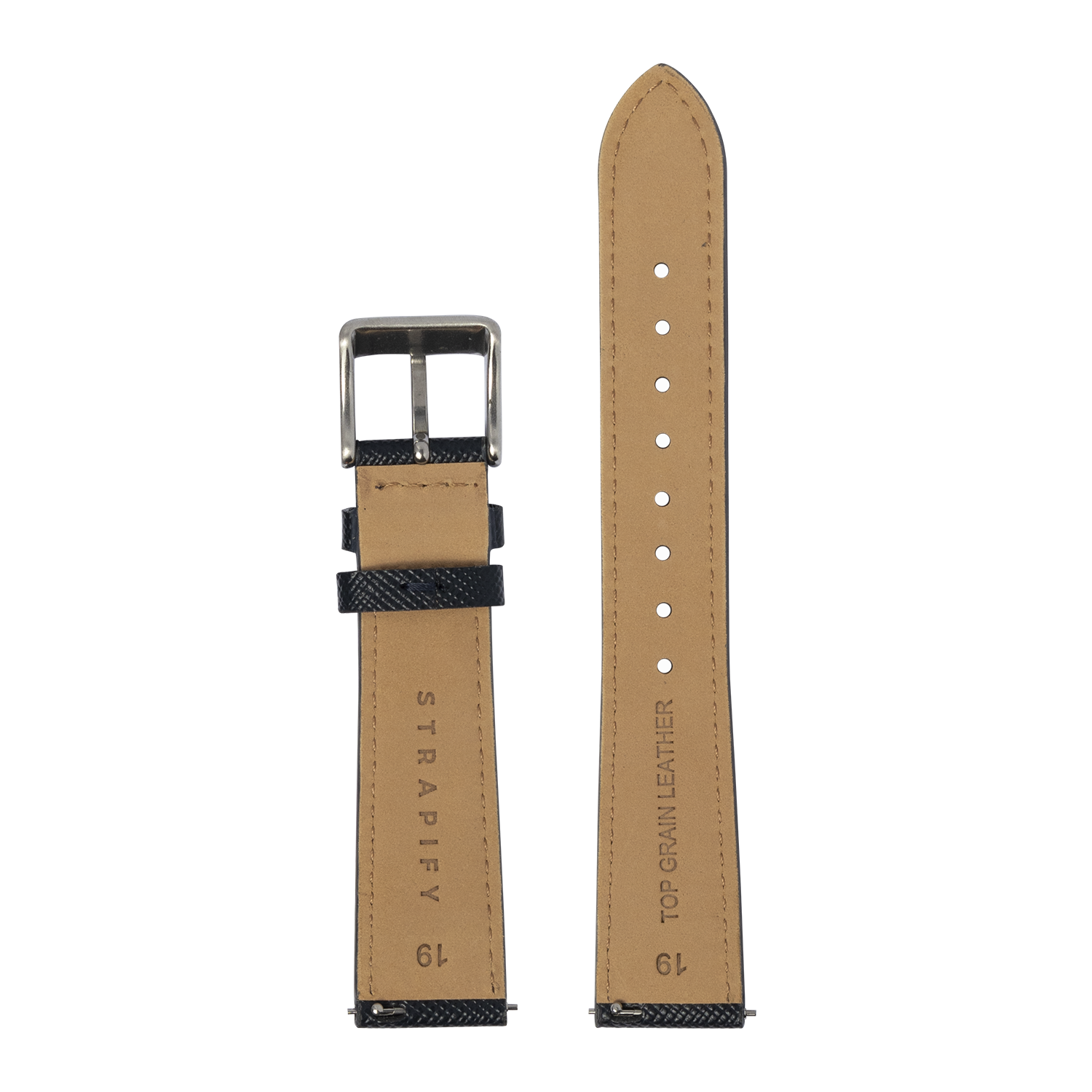 Tan leather watch strap with quick release pins, silver buckle, and navy saffiano textile accents, 19mm width