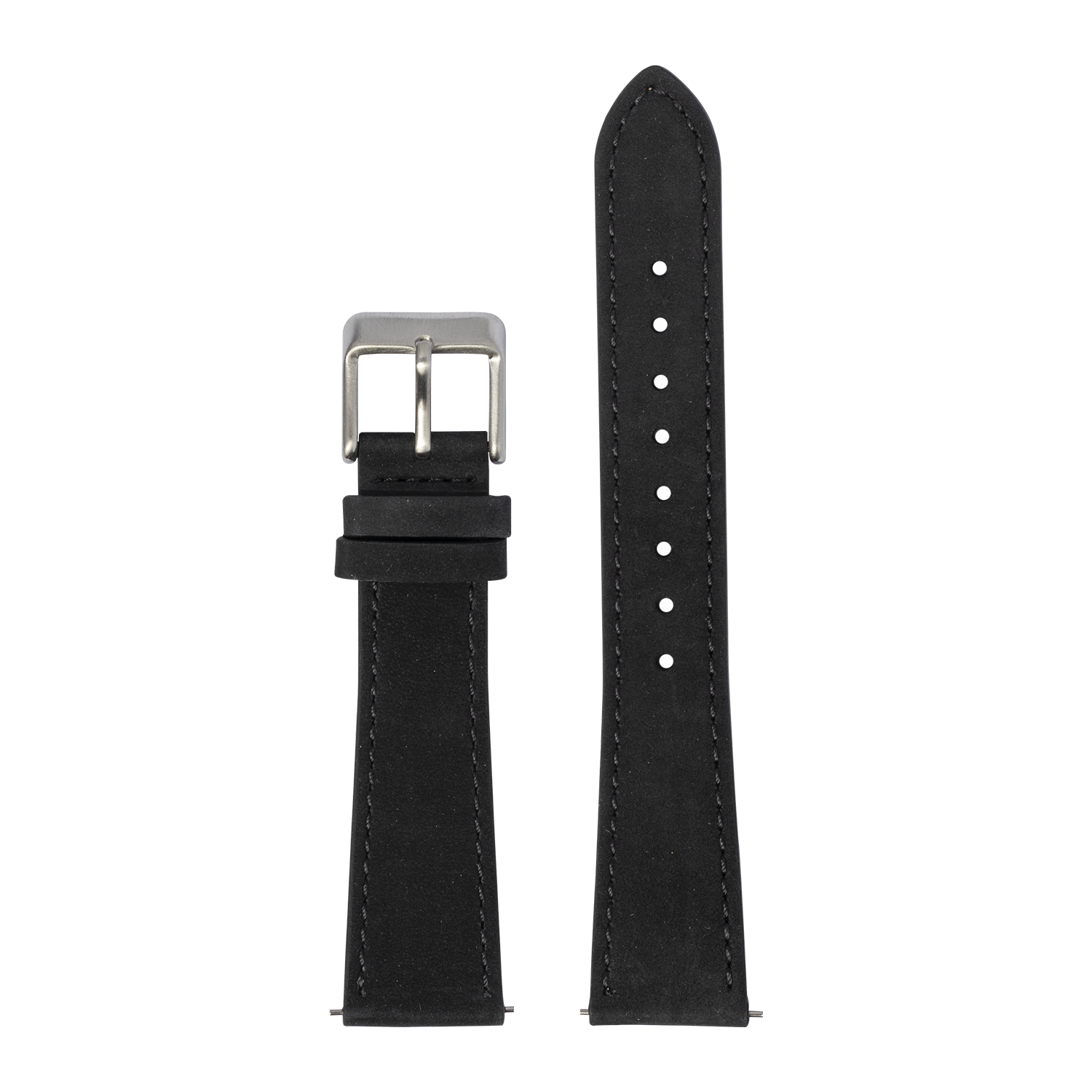 Black nubuck leather watch band 22mm with stainless steel buckle and white stitching details