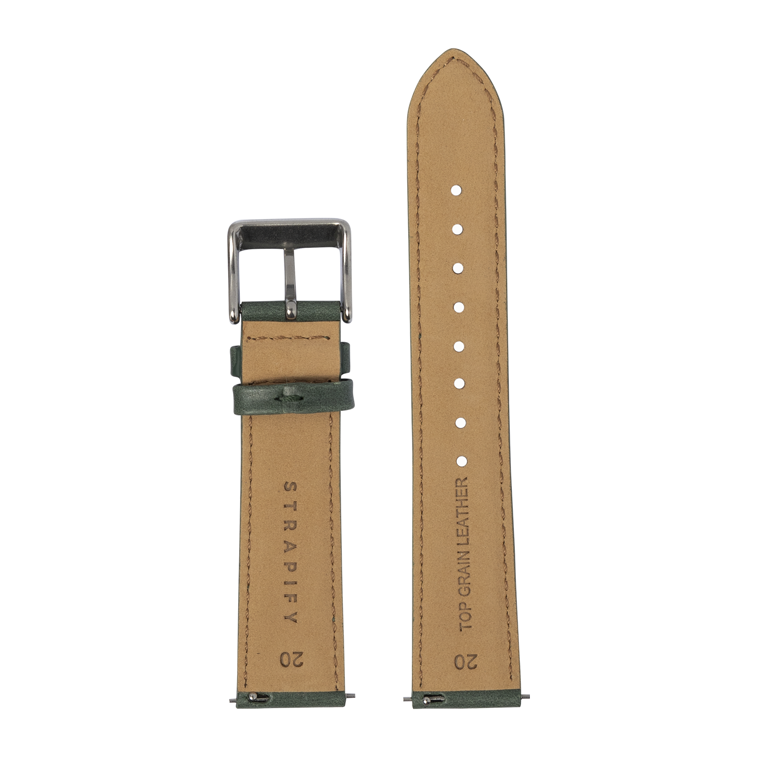 Tan leather watch strap with forest green padding, quickfit system, stainless steel buckle, 20mm width