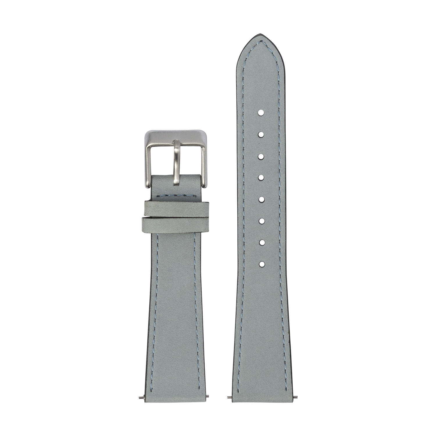 Sky blue nubuck leather QuickFit watch strap 22mm with silver buckle and white stitching