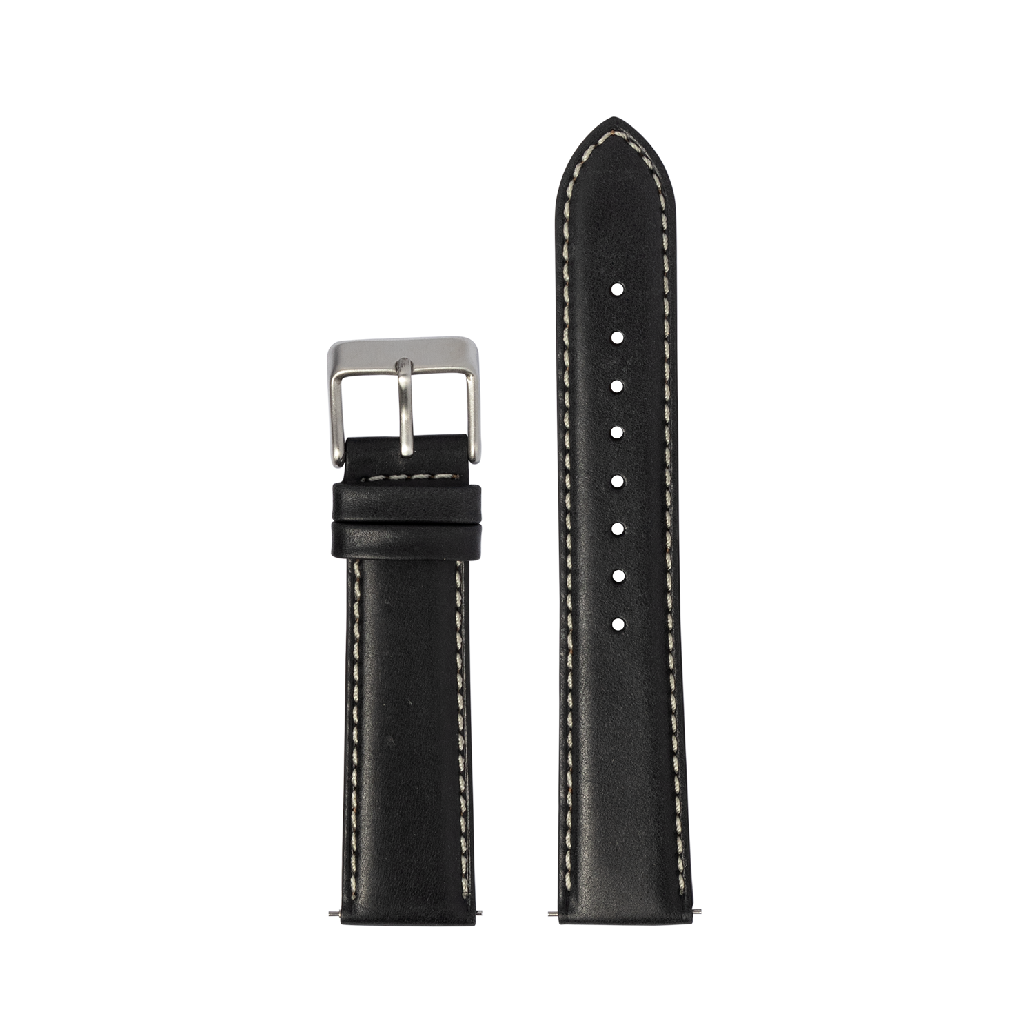 Black padded leather watch band with white stitching and silver buckle, 20mm QuickFit strap