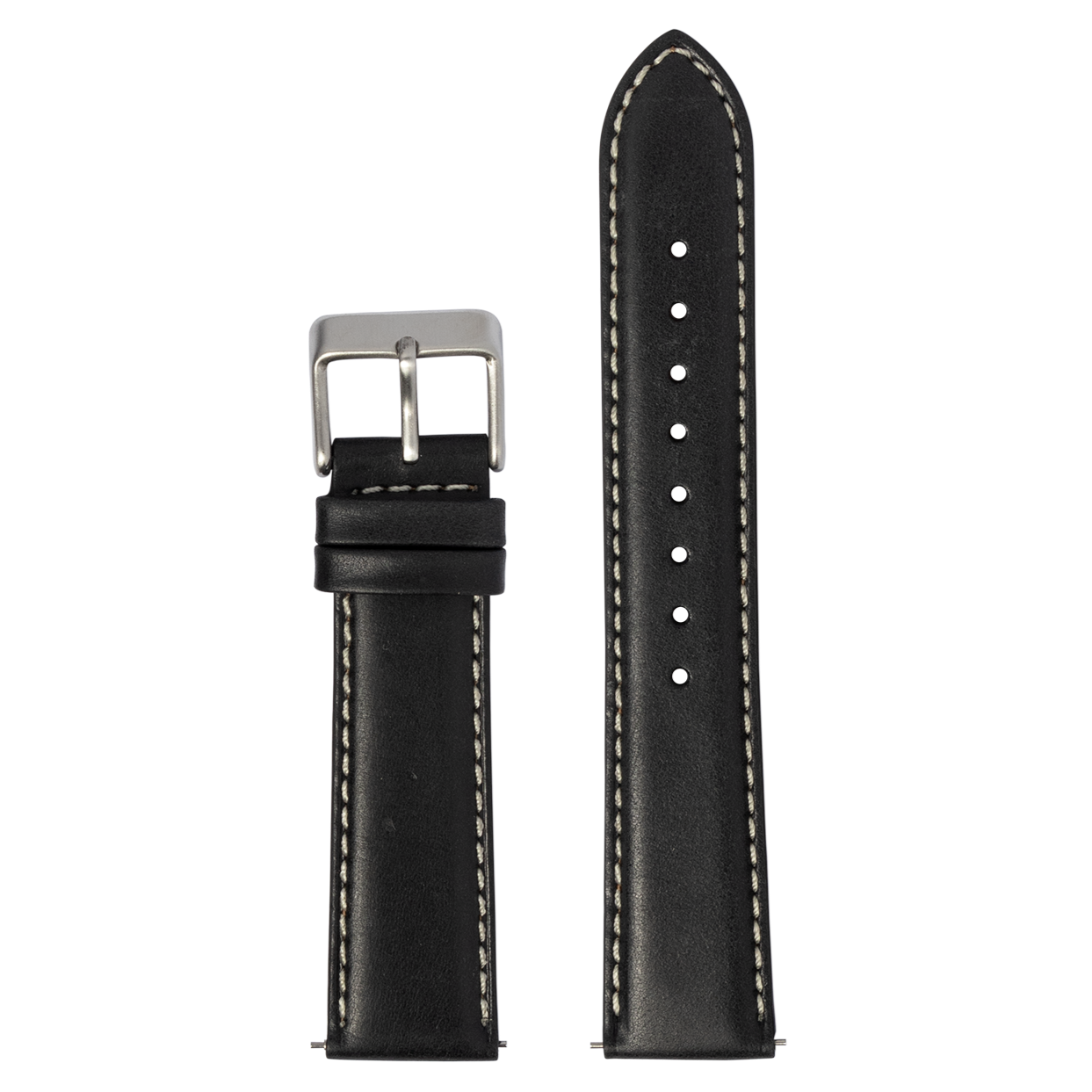 Black leather watch band with white stitching, quick release pins, and silver buckle on white background