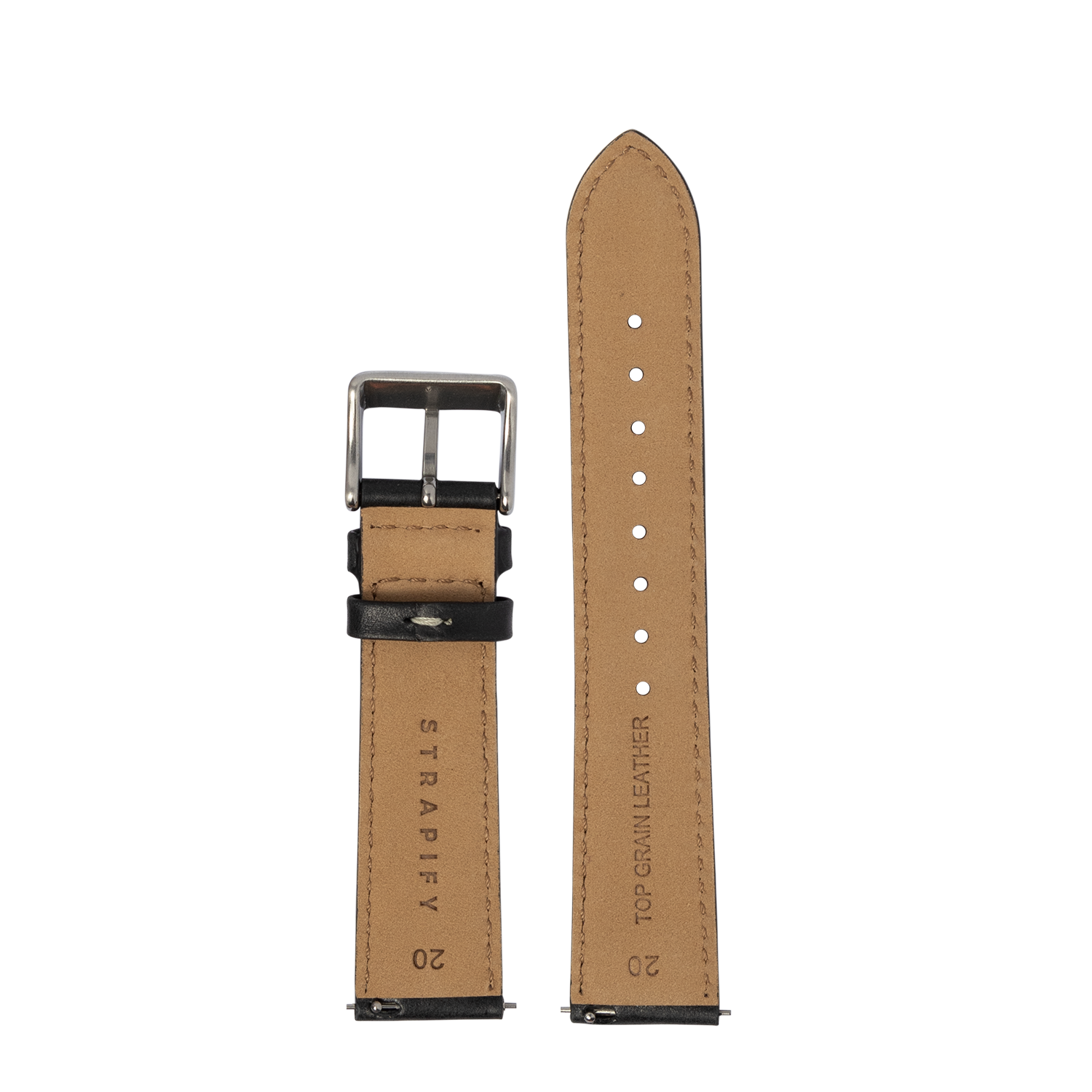 Tan leather quick release watch strap with black band, white stitching, and silver buckle hardware