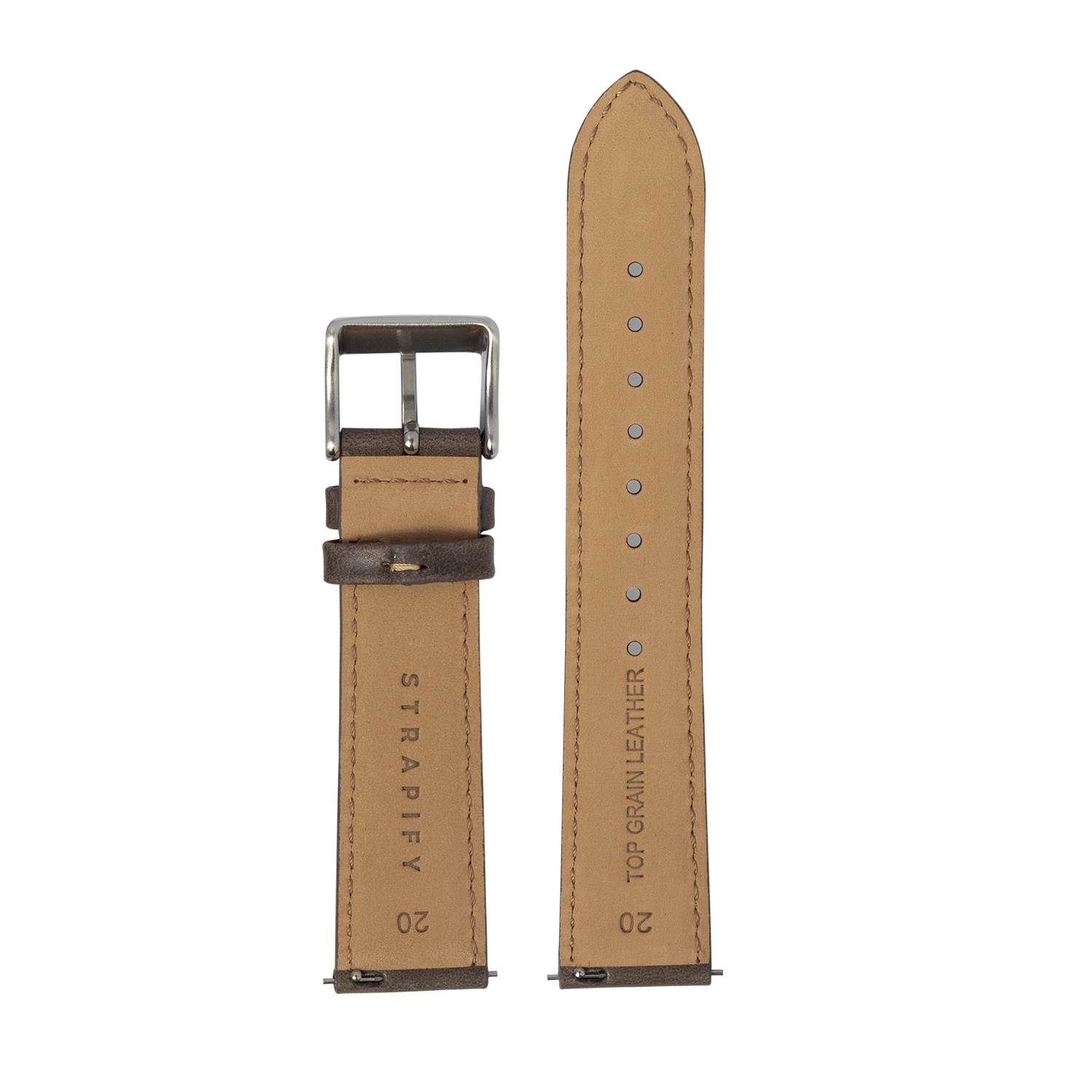 Tan leather watch band 20mm with dark brown padding, silver buckle, and contrast stitching