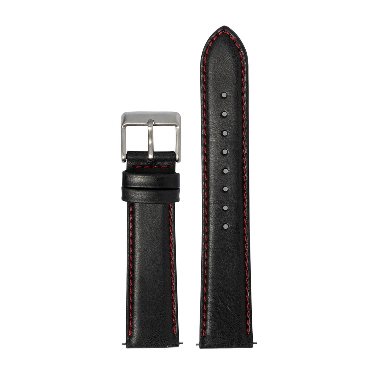Black leather watch strap with red stitching, stainless steel buckle, padded 20mm QuickFit band