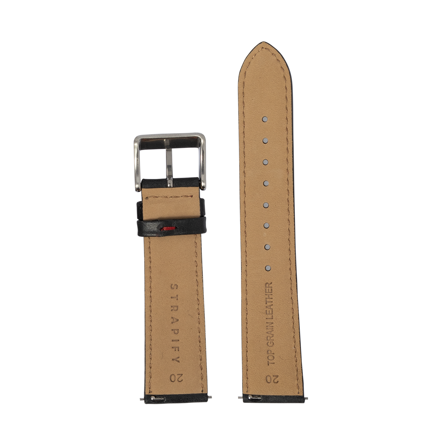 Tan leather quick release watch strap with black band, silver buckle, and red stitching detail, displayed opened and closed