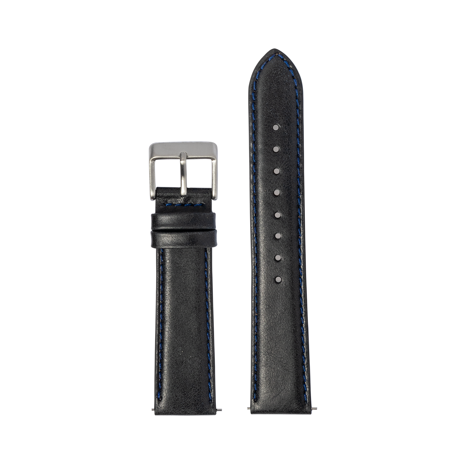 Black leather watch strap with blue stitching, quick fit system, and silver buckle, 20mm width