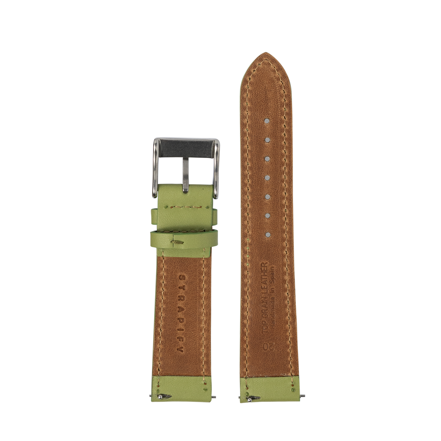 QuickFit padded leather watch strap in pistachio green and tan, 20mm with metal buckle