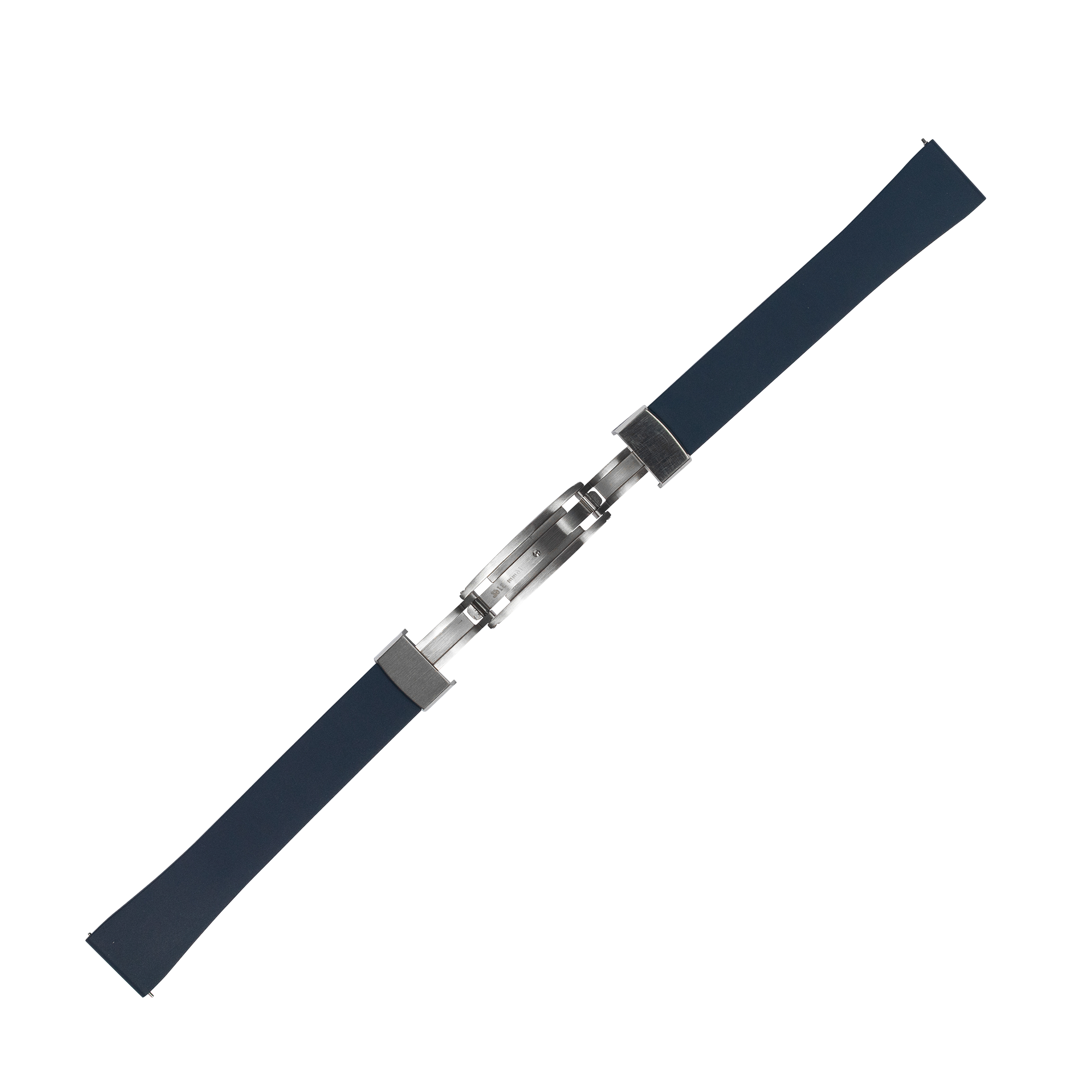 Dark blue rubber watch strap with stainless steel quick release deployant clasp and leaf spring mechanism