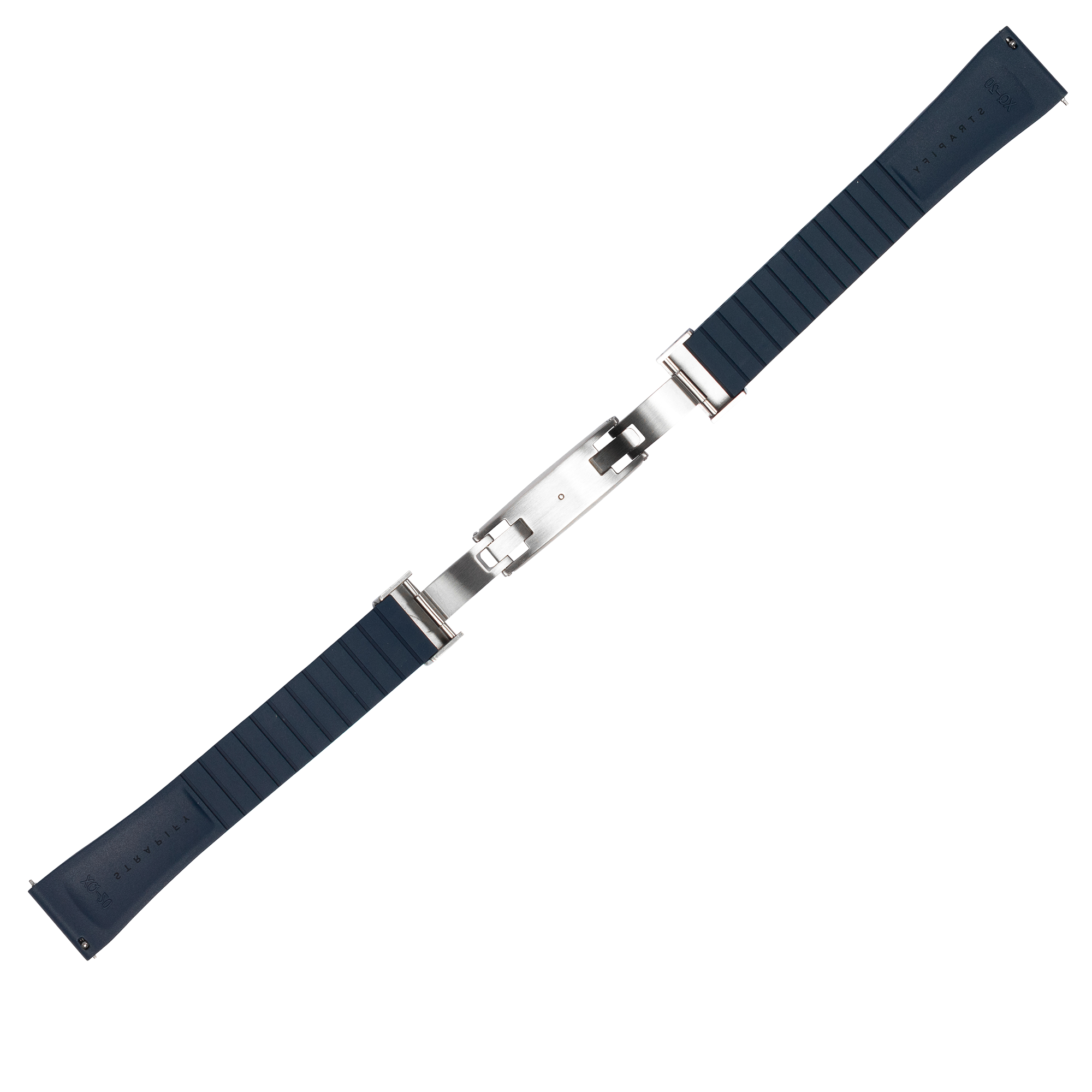 Black rubber quick release watch strap with silver deployant clasp and leaf-spring mechanism, cut-to-size style