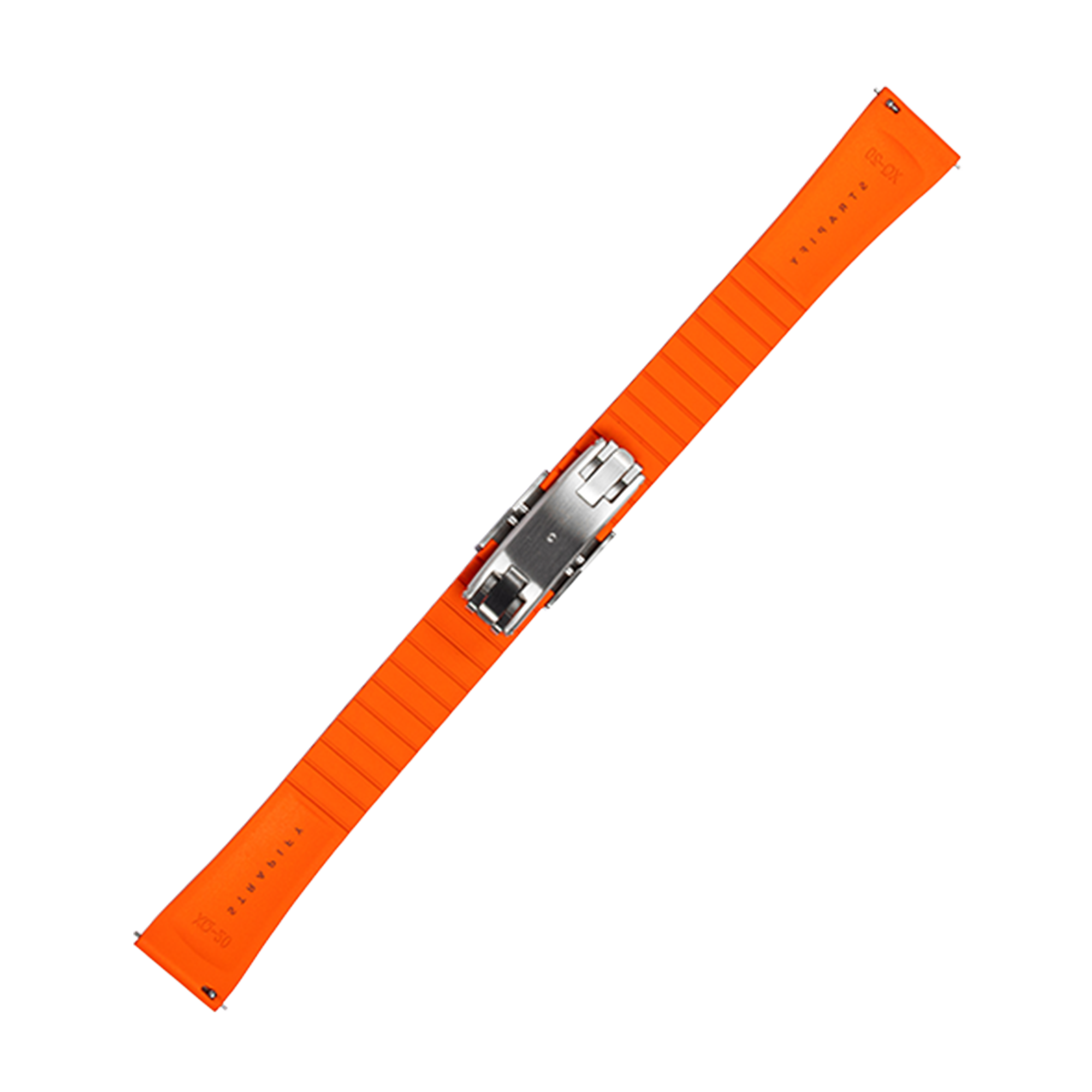 Bright orange FKM rubber watch strap with quick-release mechanism and stainless steel leaf-spring deployant clasp