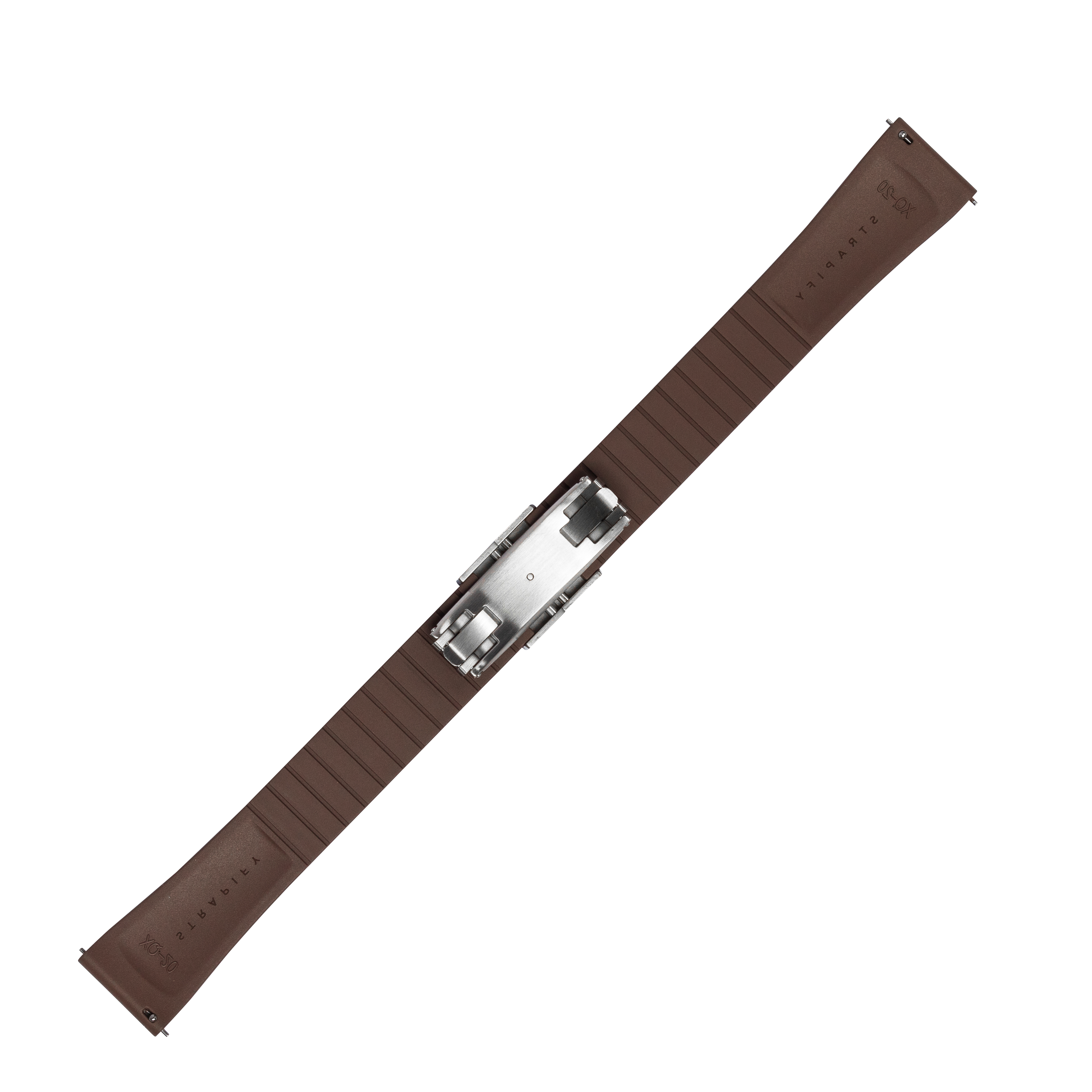 Brown FKM rubber watch strap with quick release mechanism and leaf-spring deployant clasp, cut to size