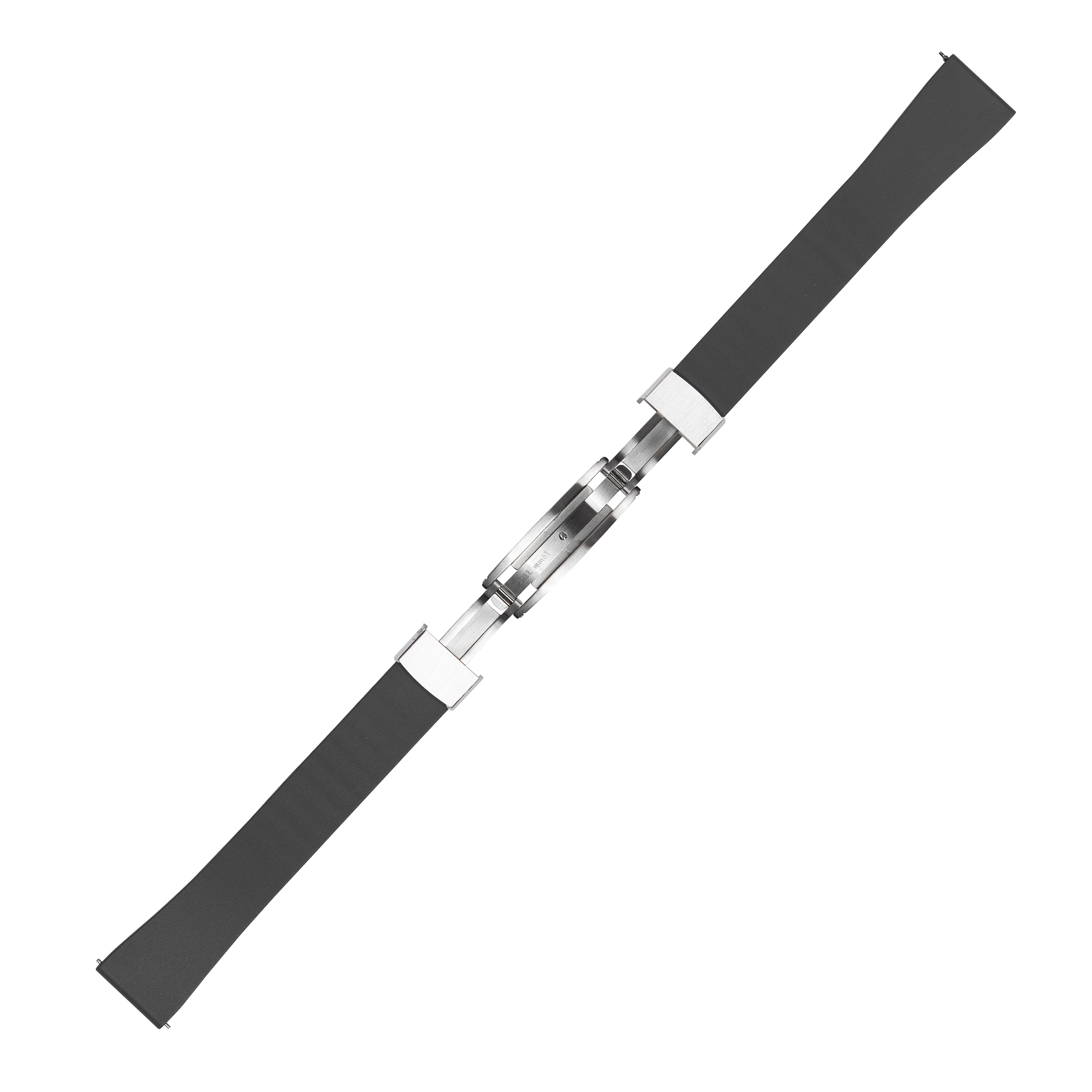 Quick release FKM rubber watch strap with leaf-spring deployant clasp, black with stainless steel hardware