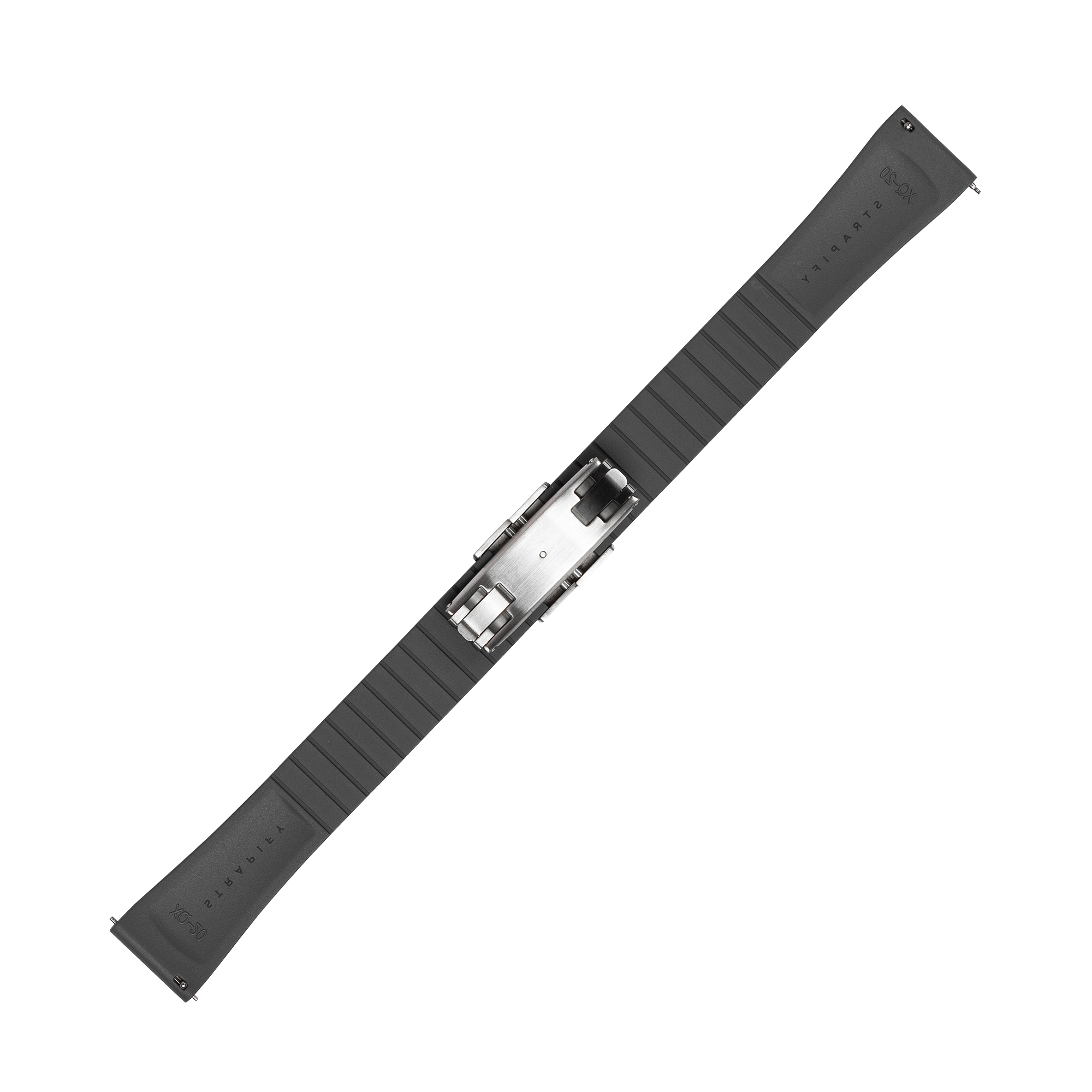 Black FKM rubber watch strap with quick-release spring bar and stainless steel leaf-spring deployant clasp for easy sizing