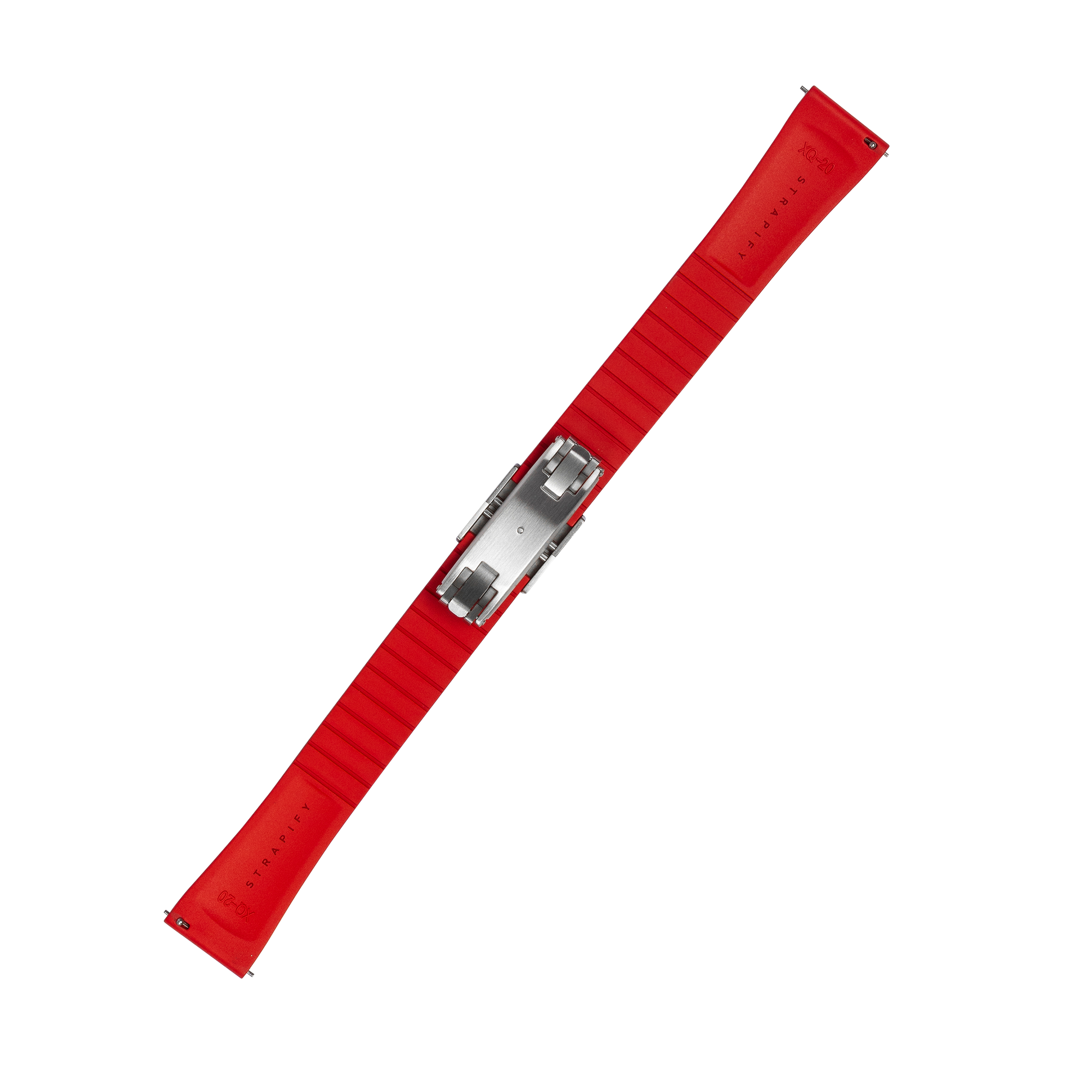 Red rubber watch strap with stainless steel leaf-spring deployant clasp, quick release system