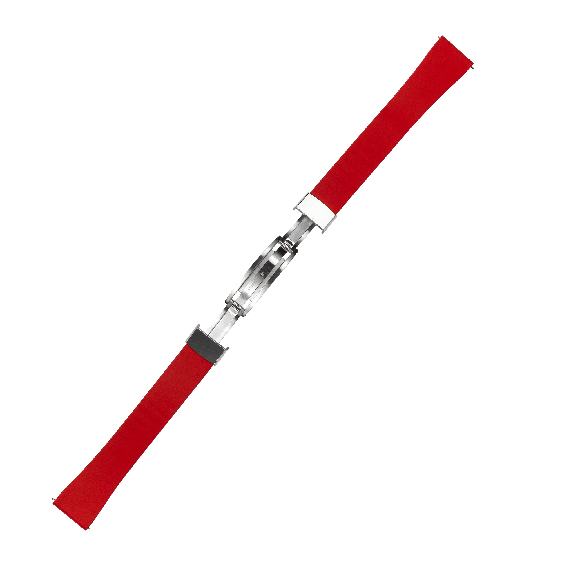 Red FKM rubber watch band with quick release mechanism and stainless steel leaf-spring deployant clasp, cut to size