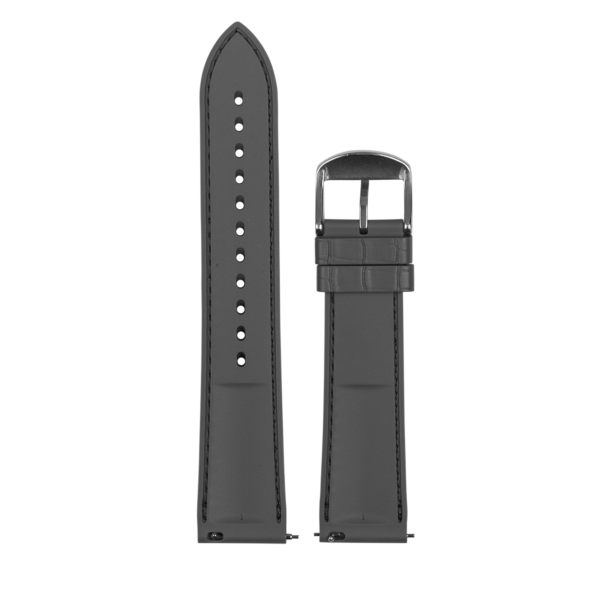 Black leather quick release watch band with crocodile texture and stainless steel buckle, shown assembled and unassembled