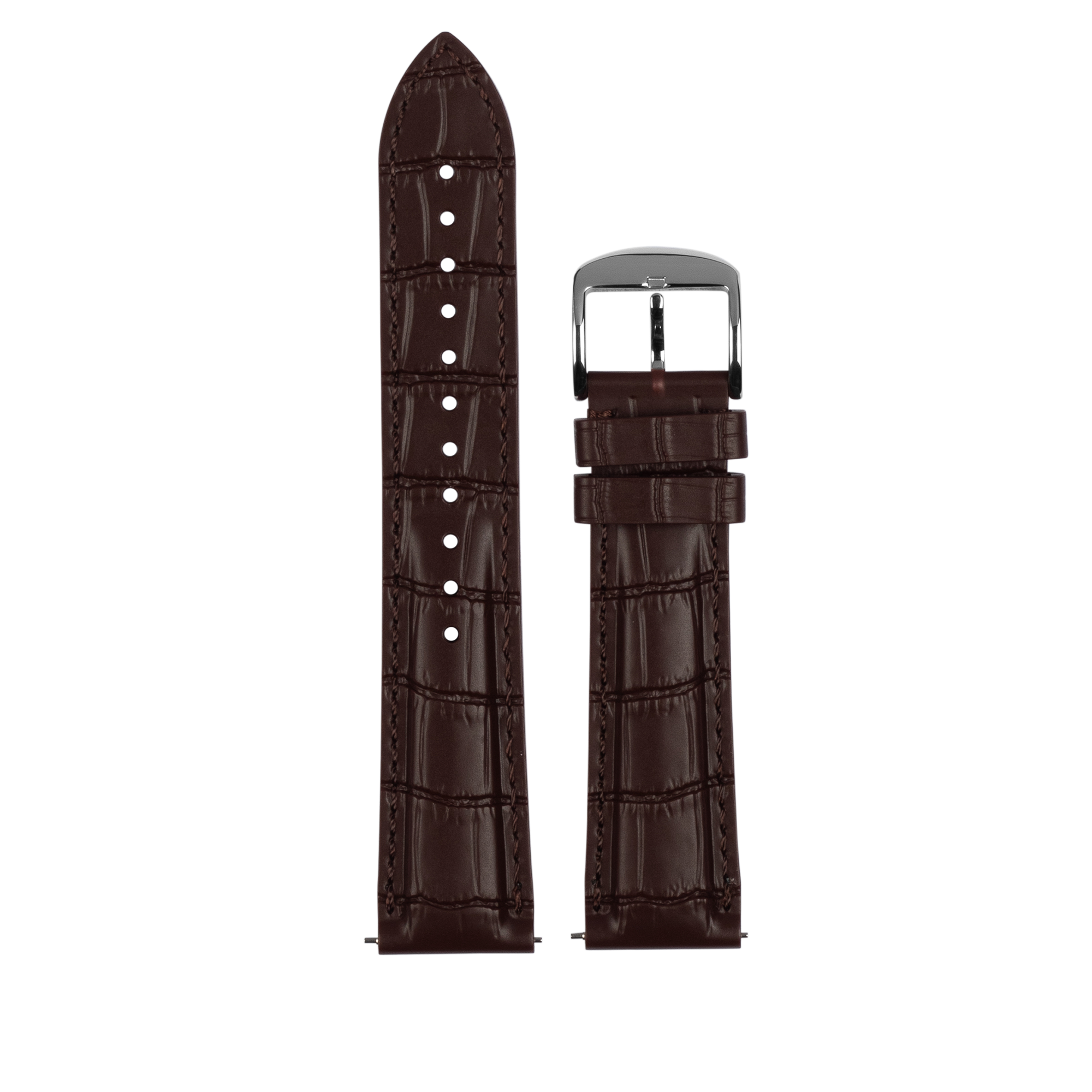 Brown alligator leather quick release watch band with chrome buckle and white stitching detail