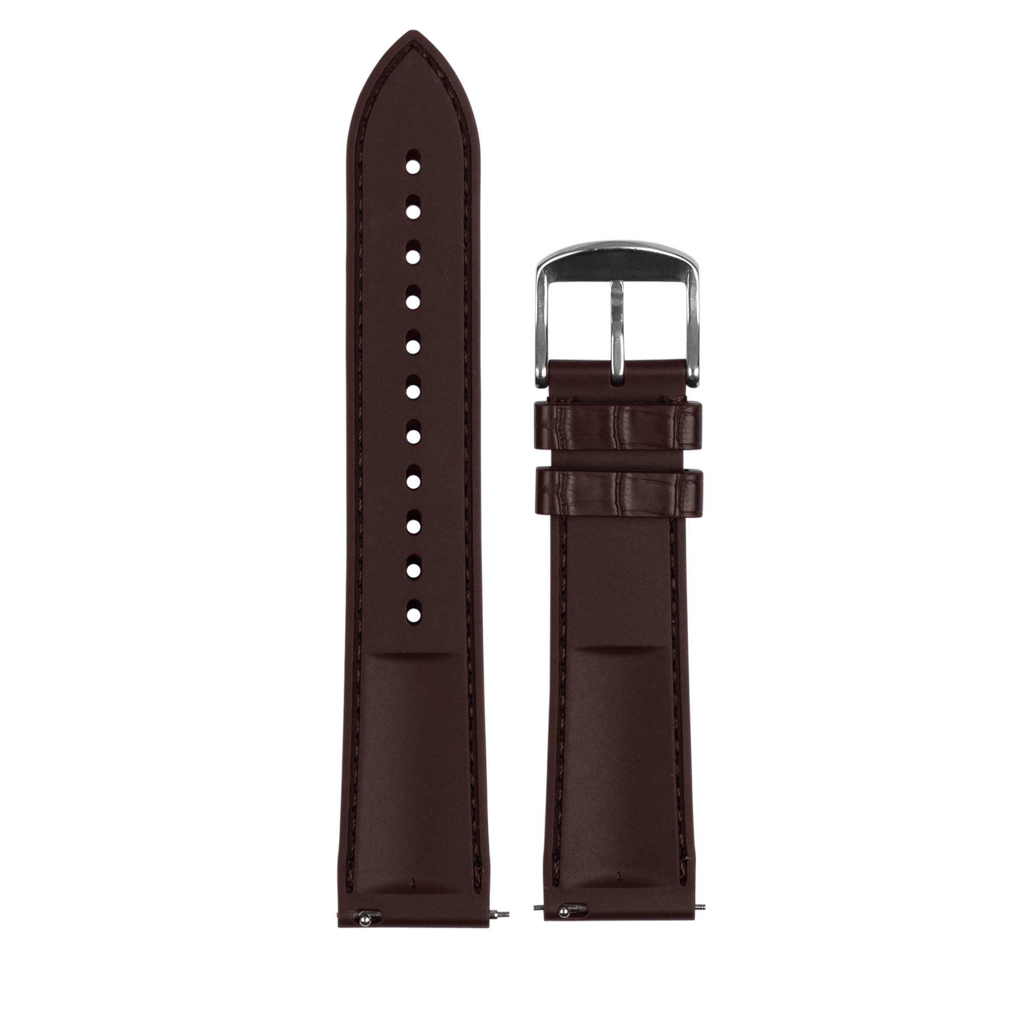 Dark brown leather quick release watch band with crocodile texture and silver buckle, shown assembled and unassembled