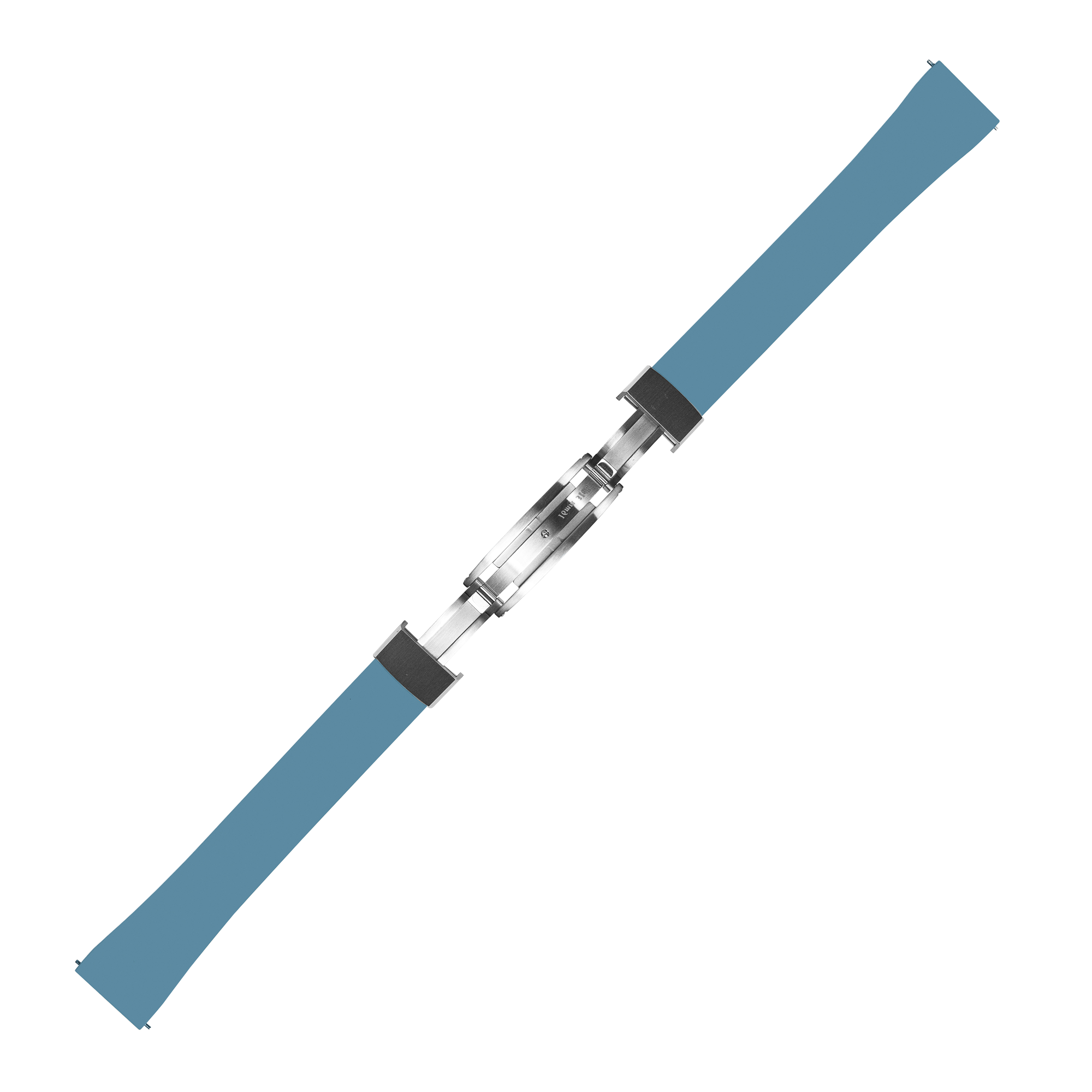 Blue rubber watch strap with stainless steel quick release leaf-spring clasp and black grip sections