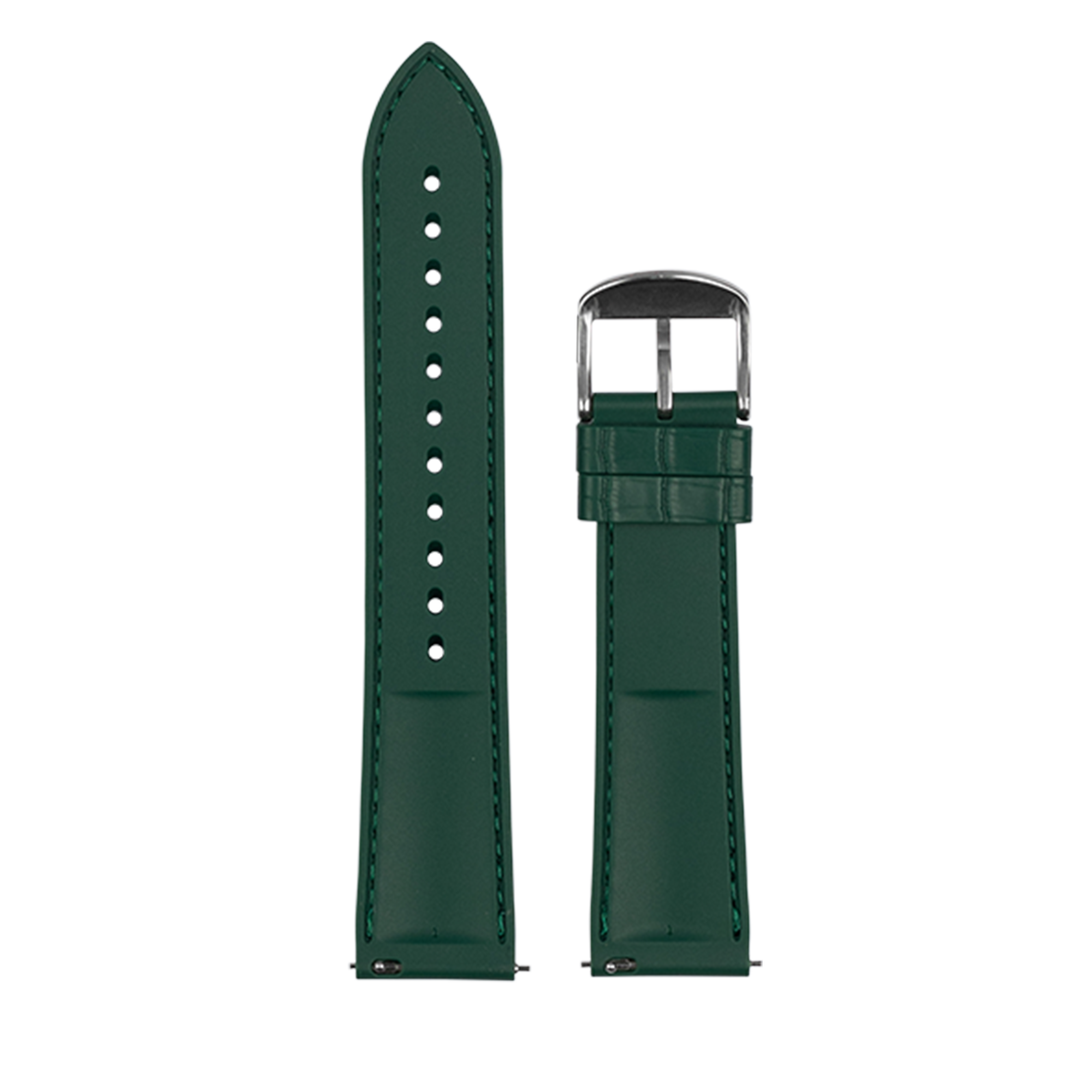 Green leather quick release watch band with alligator texture and silver buckle clasp