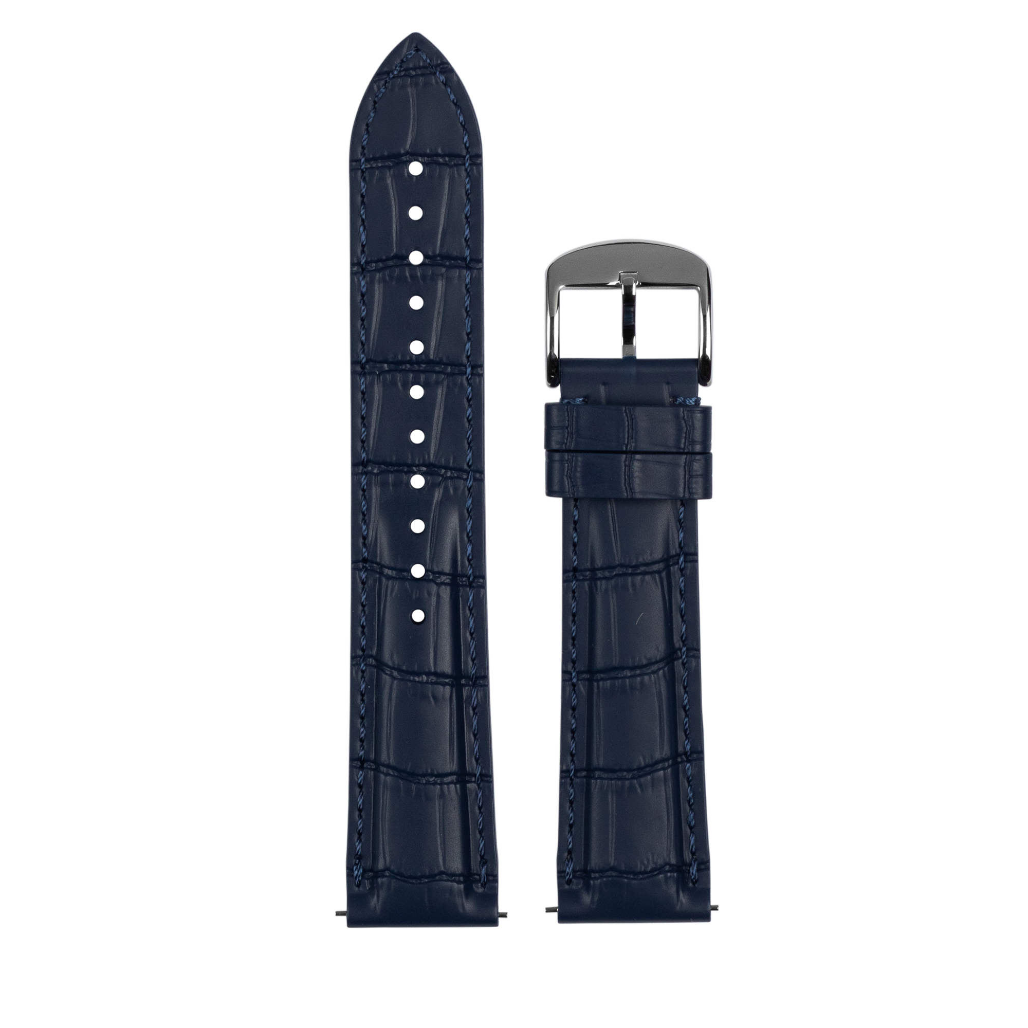 Navy blue Quick Release crocodile leather watch strap with silver buckle and white stitching