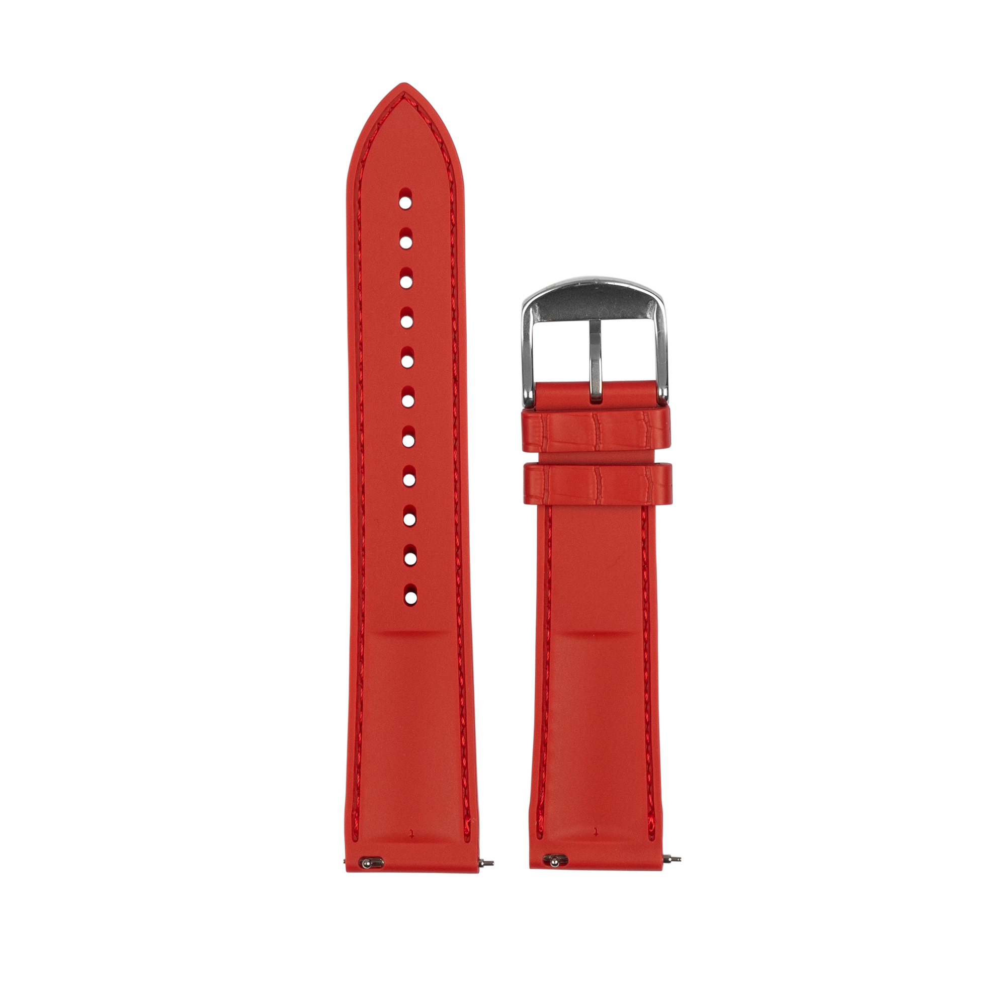 Red rubber alligator grain quick release watch strap with stainless steel buckle and adjustment holes