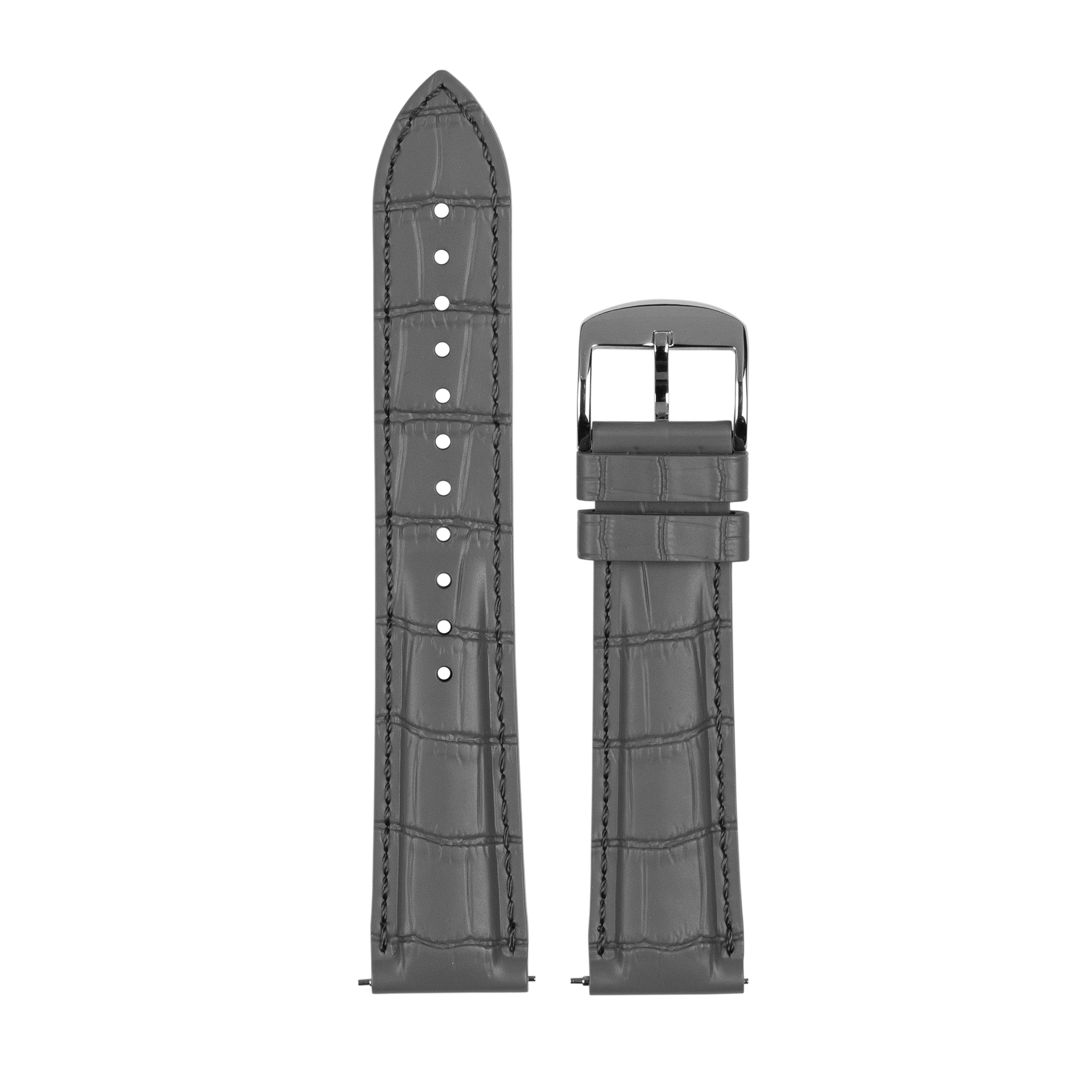 Gray alligator embossed leather watch band with quick release pins and stainless steel buckle