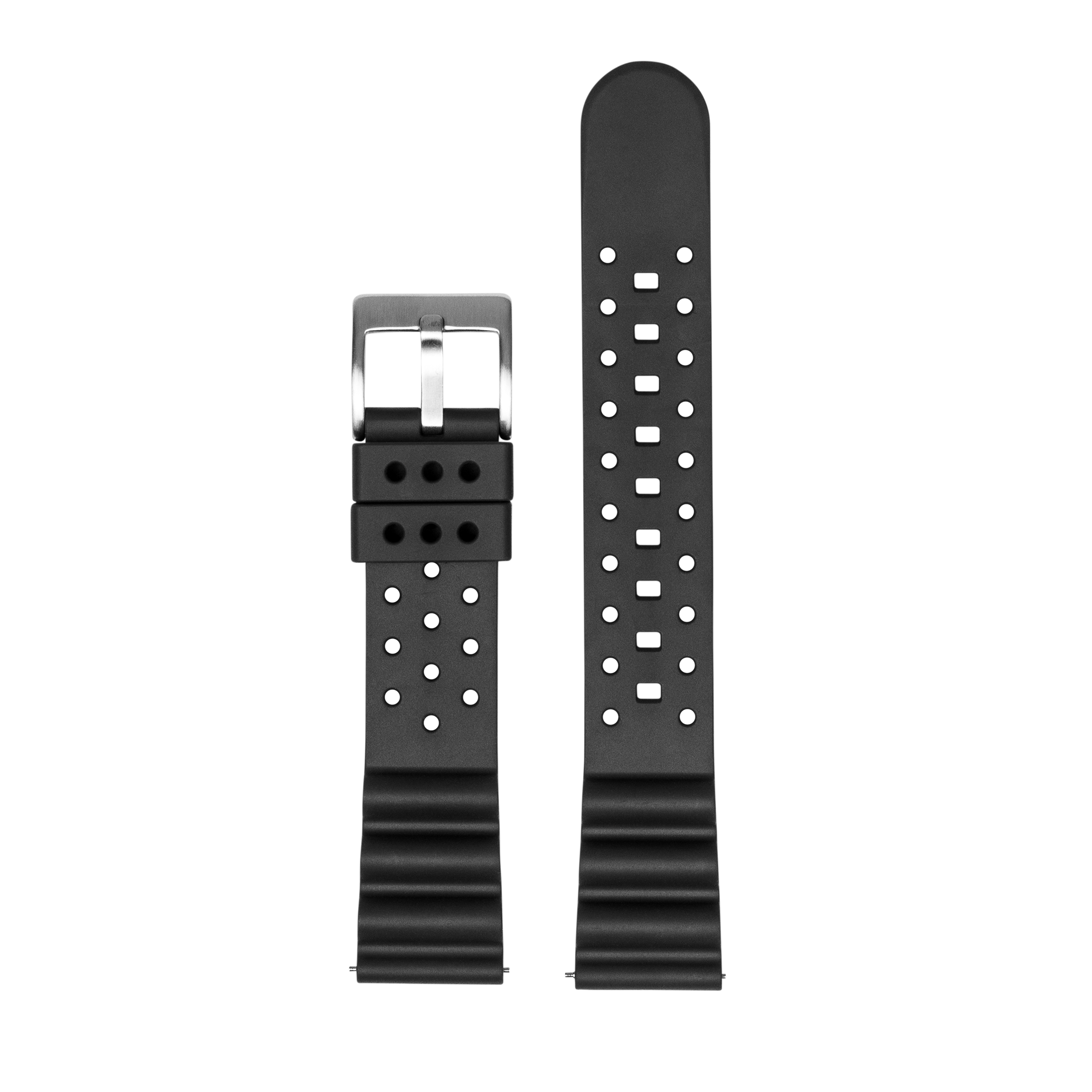 Black FKM rubber dive watch strap with quick-release buckle, perforated design and stainless steel hardware