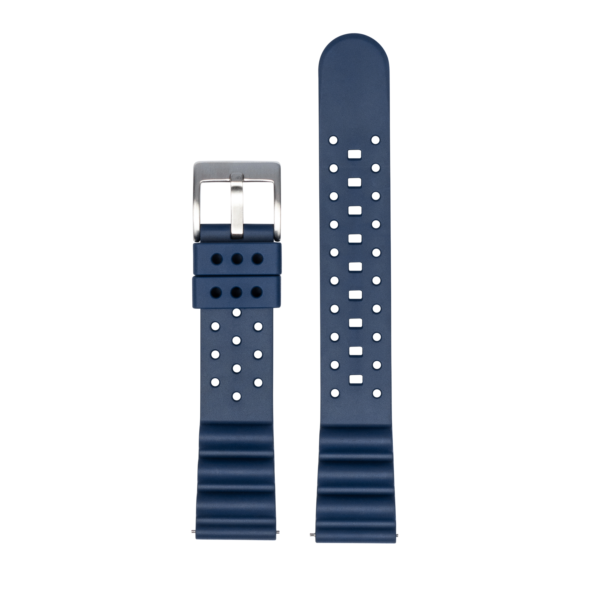 Navy blue quick release diver's FKM rubber watch band with perforated design and stainless steel buckle