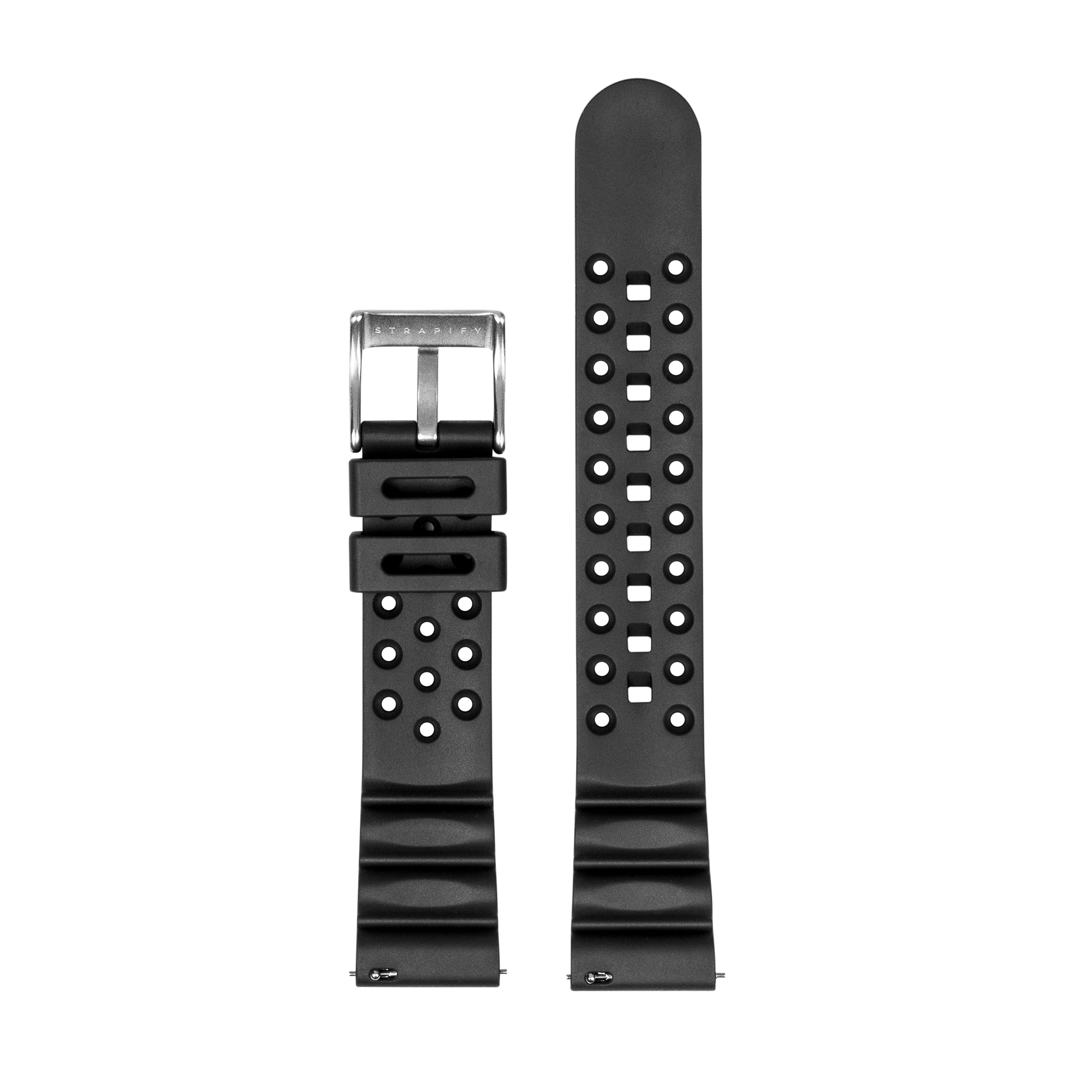 Black FKM rubber diving watch band with quick release buckle and perforated design, shown both attached and extended