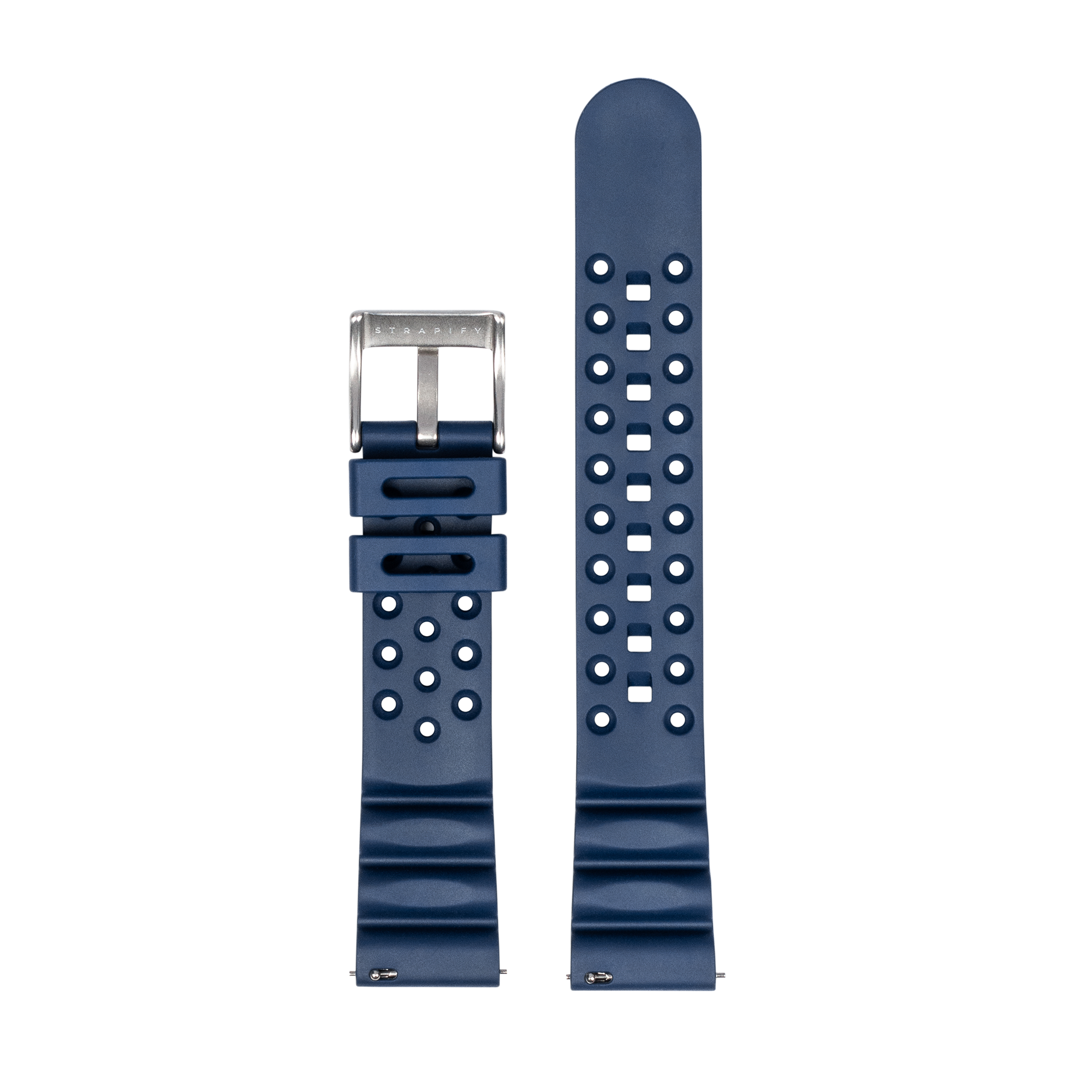 Navy blue FKM rubber dive watch strap with quick release buckle and ventilation holes