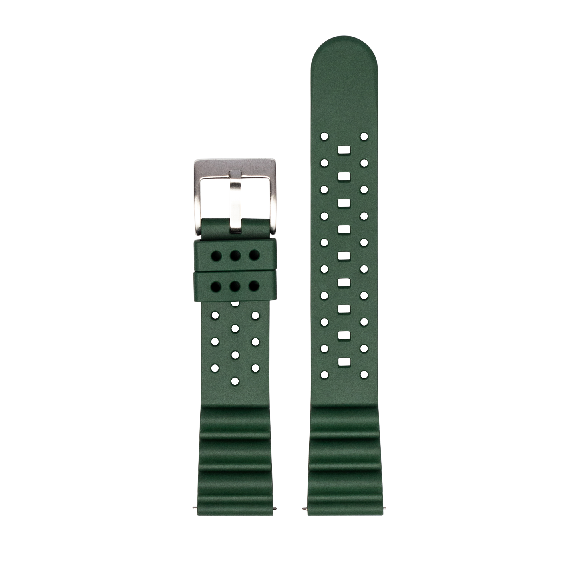 Green FKM rubber quick release watch strap with perforated design and stainless steel buckle