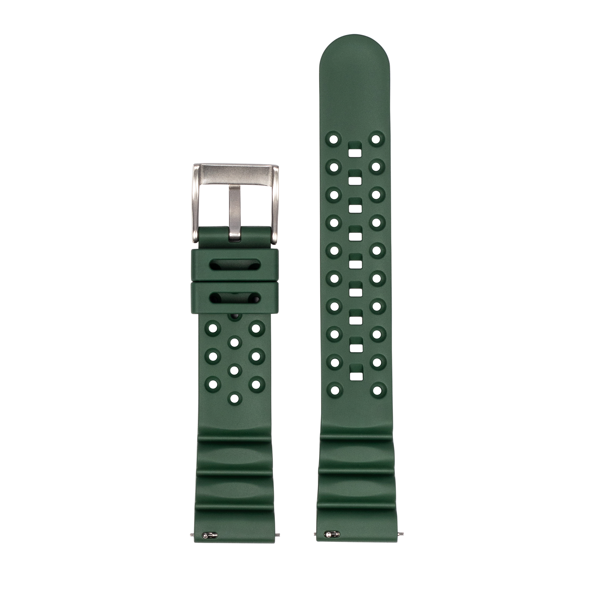 Green FKM rubber dive watch strap with quick release buckle and ventilation holes