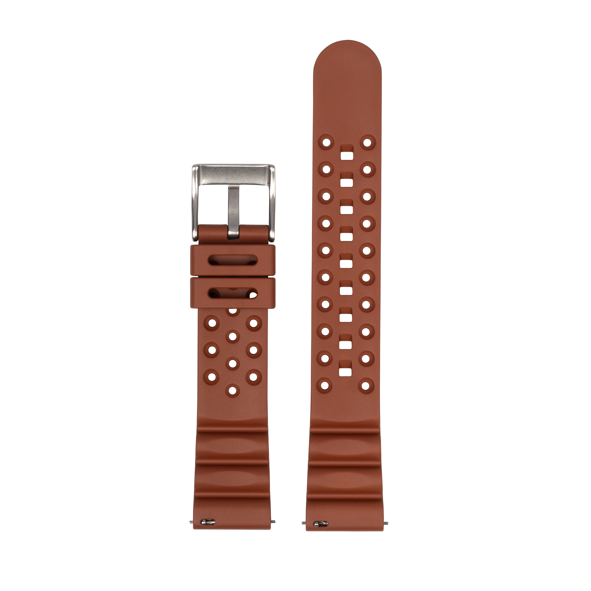 Brown quick-release rubber dive watch strap with stainless steel buckle and perforated design
