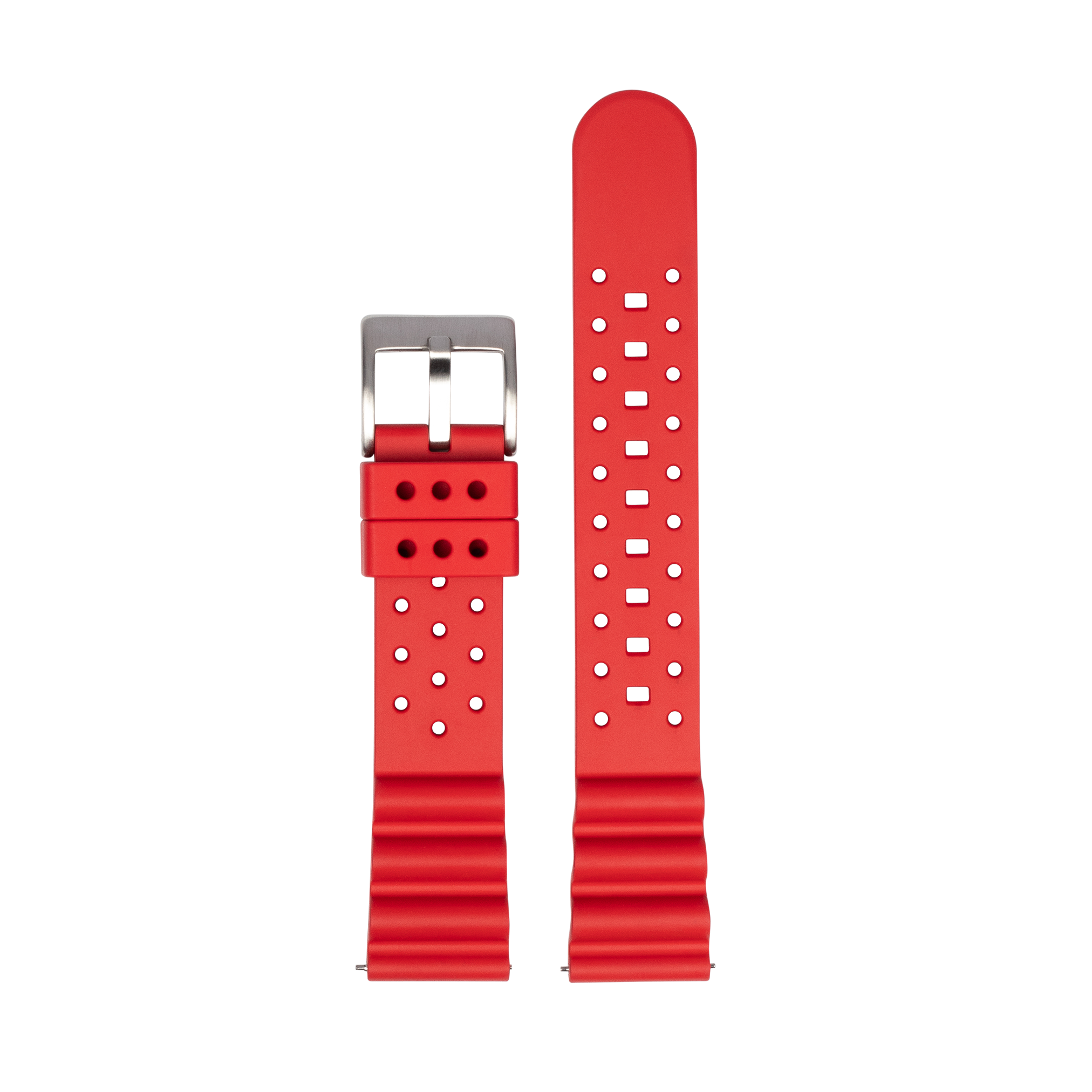 Red perforated FKM rubber quick release watch strap with stainless steel buckle and white grip dots