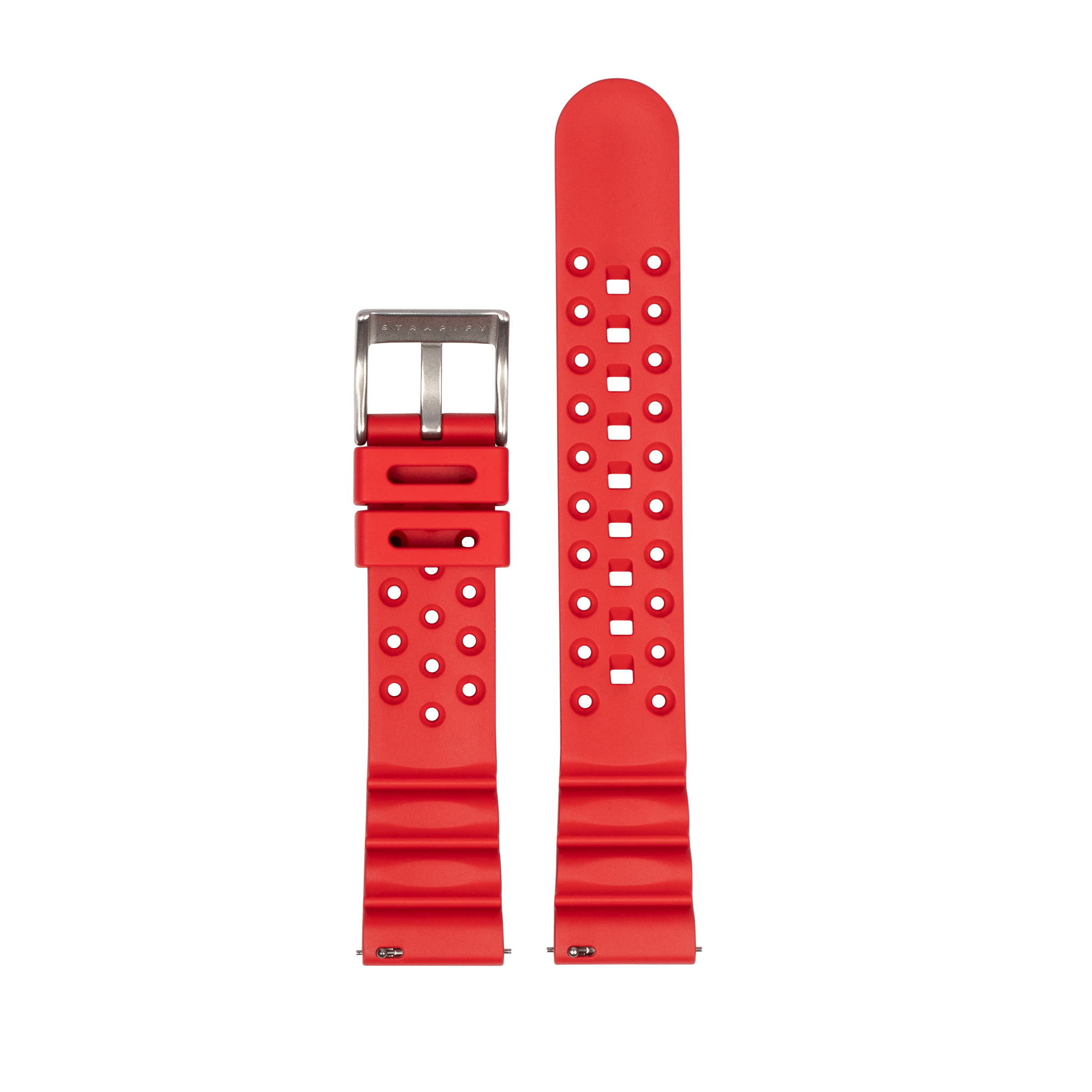 Red silicone dive watch strap with quick-release buckle, perforated design and stainless steel hardware