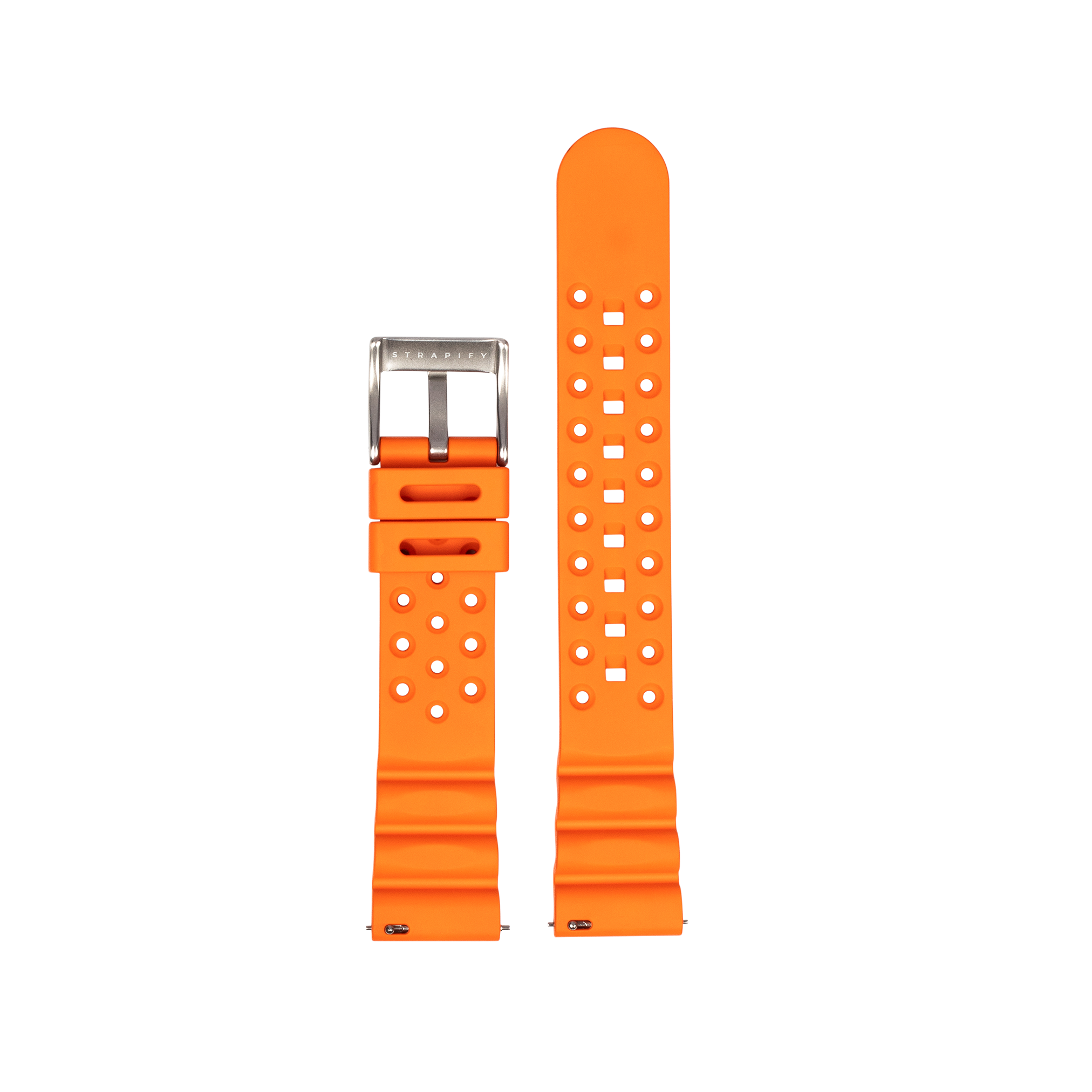 Orange FKM rubber quick release dive watch strap with white perforations and stainless steel buckle