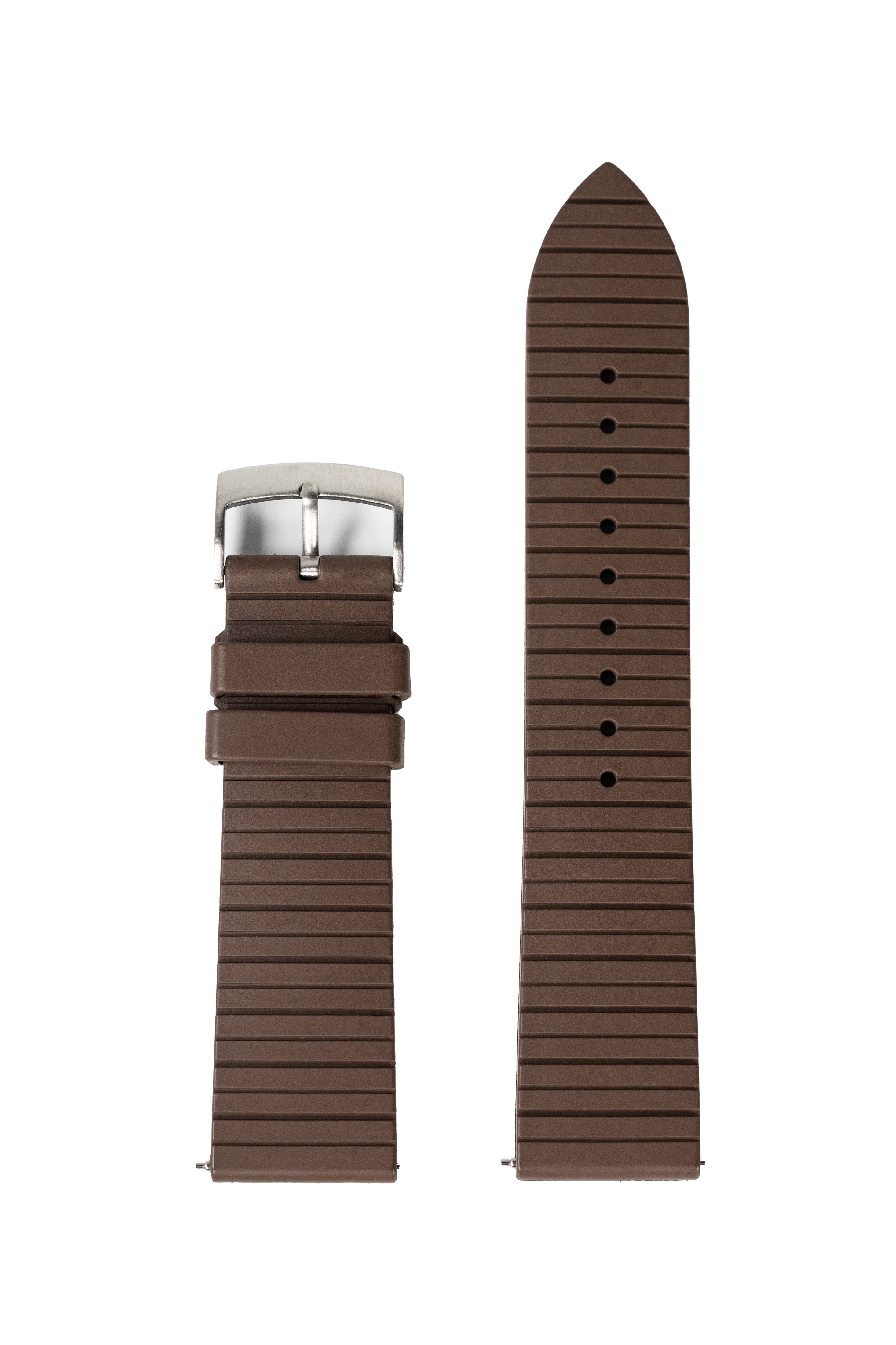 Brown rubber watch strap with quick release pins and silver buckle, shown assembled and unattached