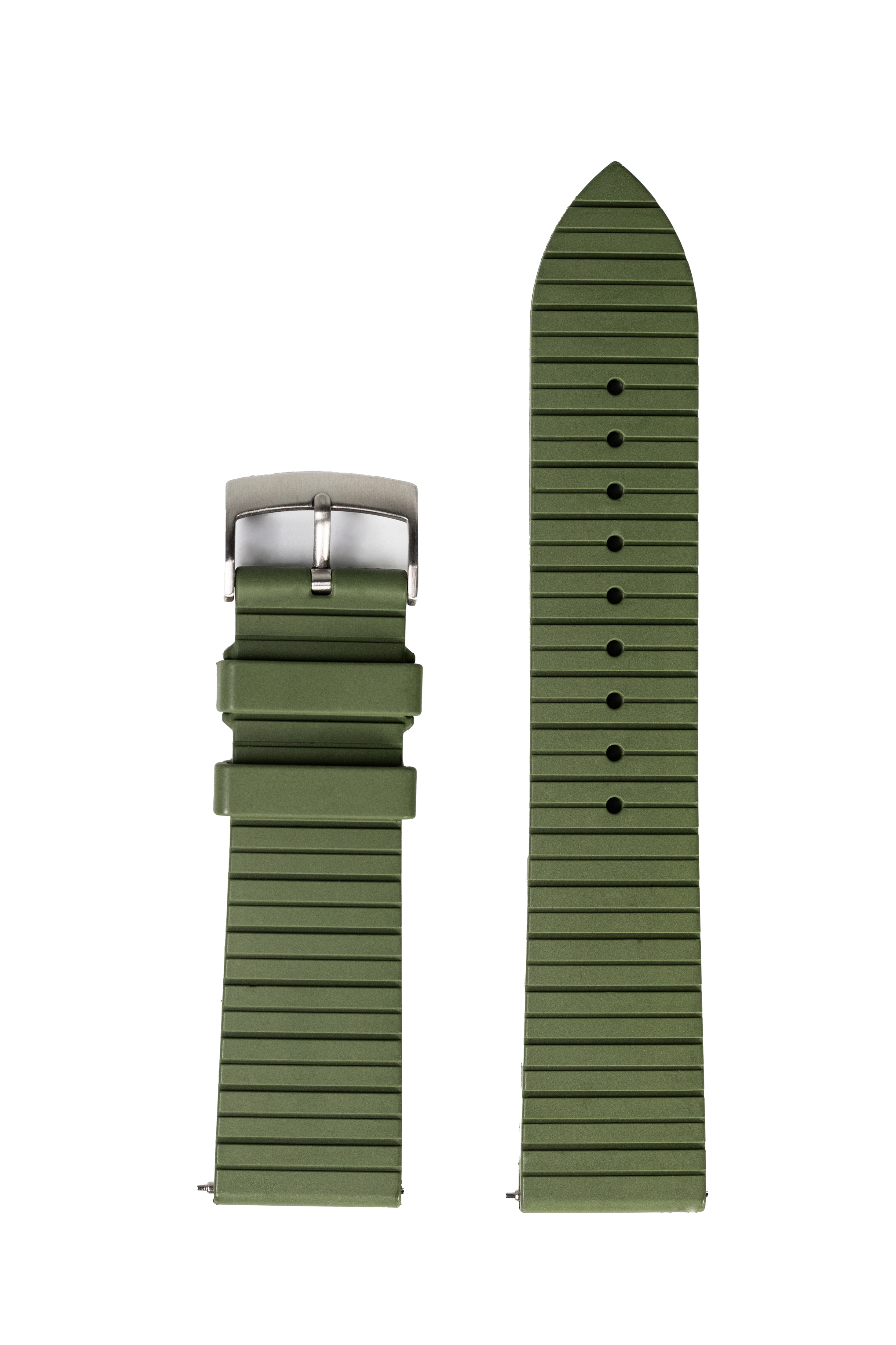 Army green ribbed rubber watch strap with quick release pins and stainless steel buckle