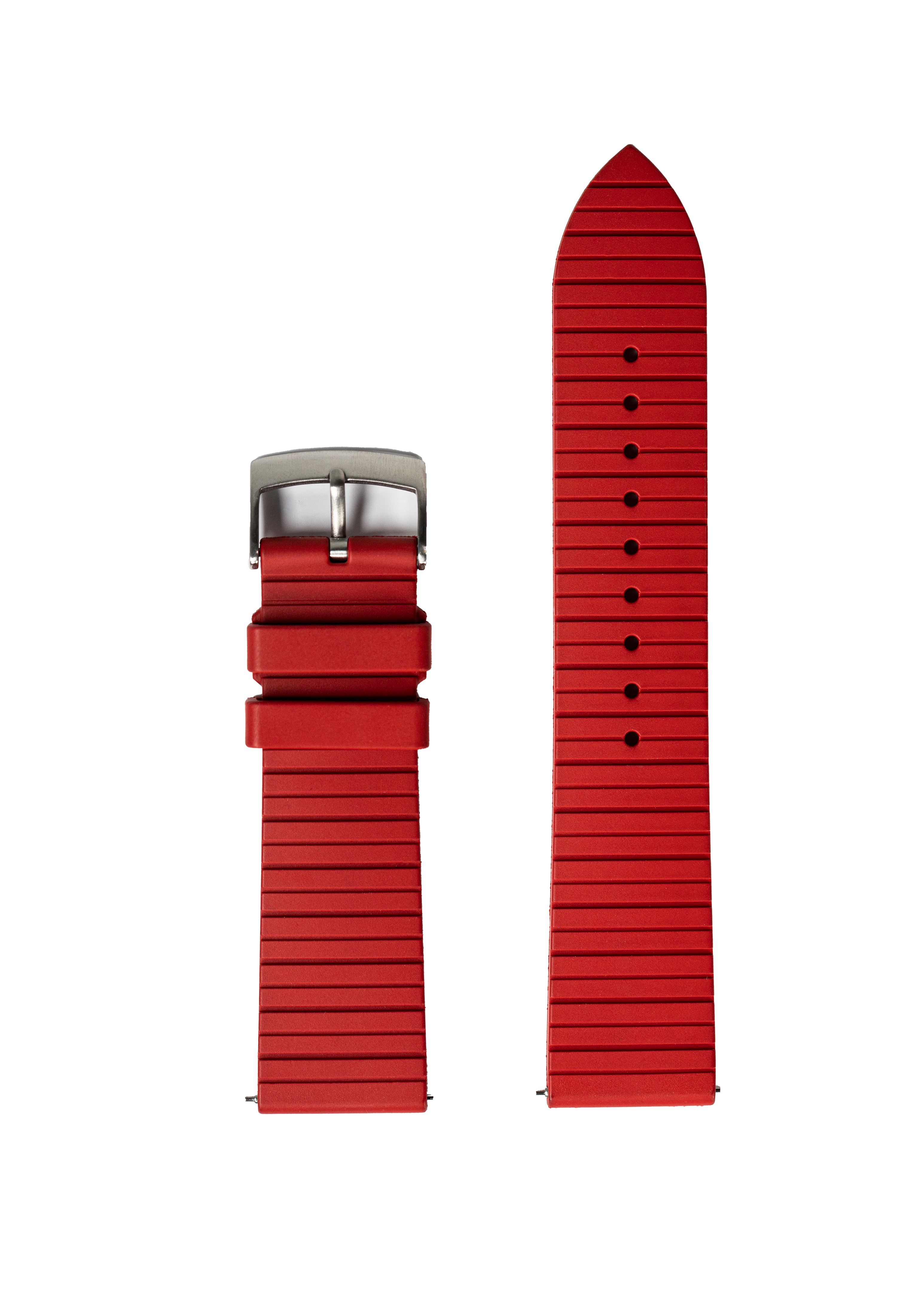 Red ribbed silicone watch strap with quick release pins and silver buckle, shown extended and folded