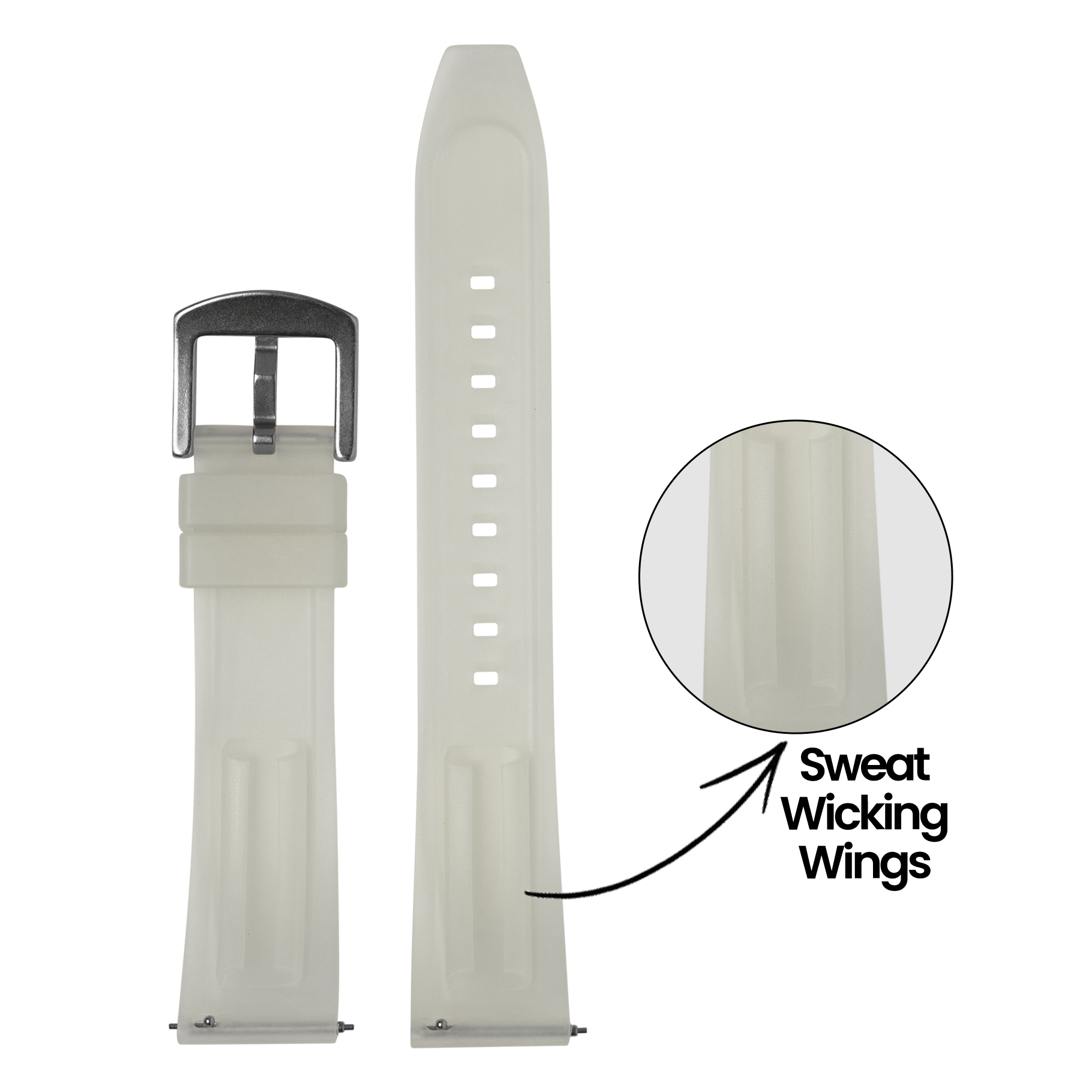 Cream rubber watch strap with metal buckle and sweat wicking wings, displayed extended and coiled with detailed close-up view