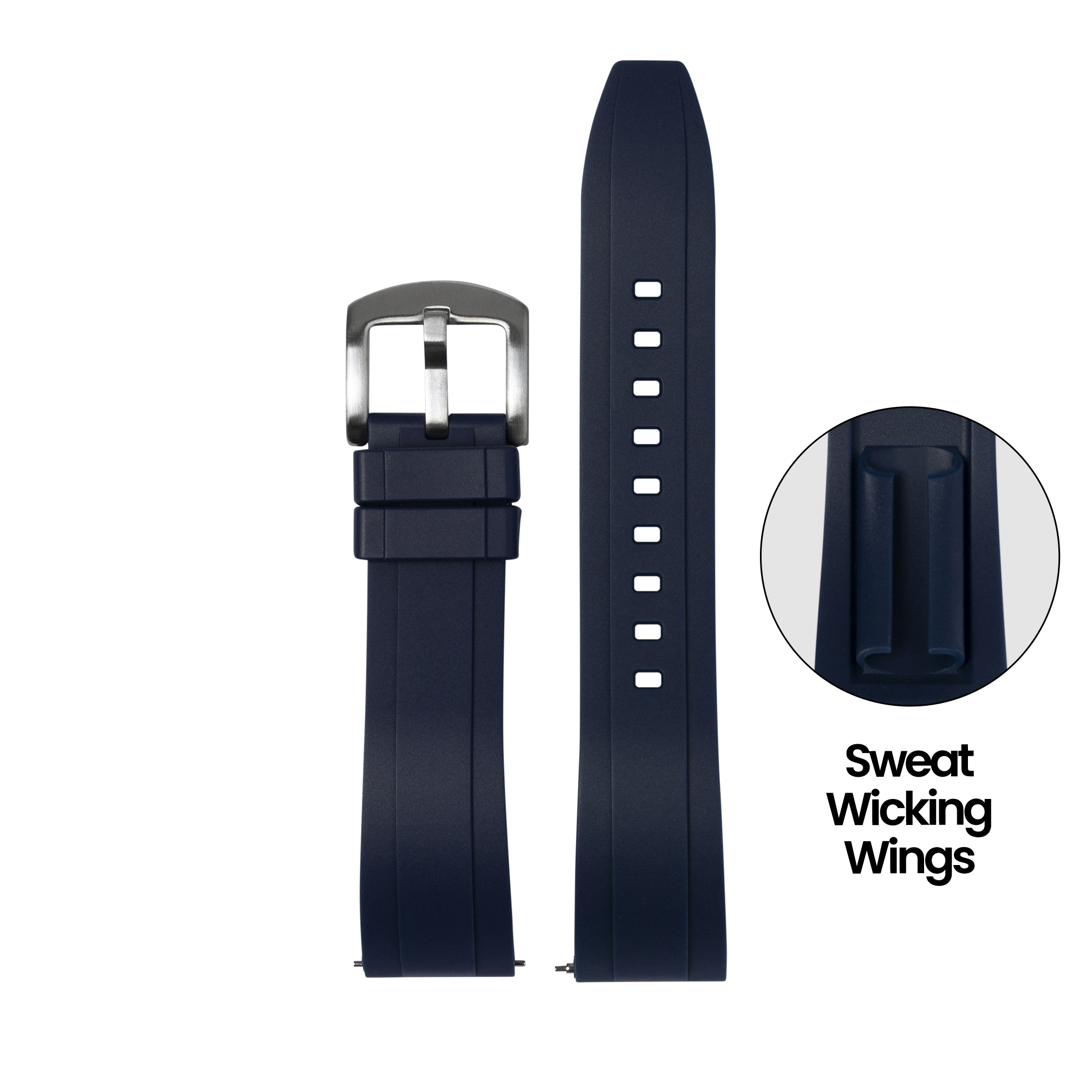 Navy blue silicone watch band 26mm with stainless steel buckle and sweat-wicking texture wings for sports watches
