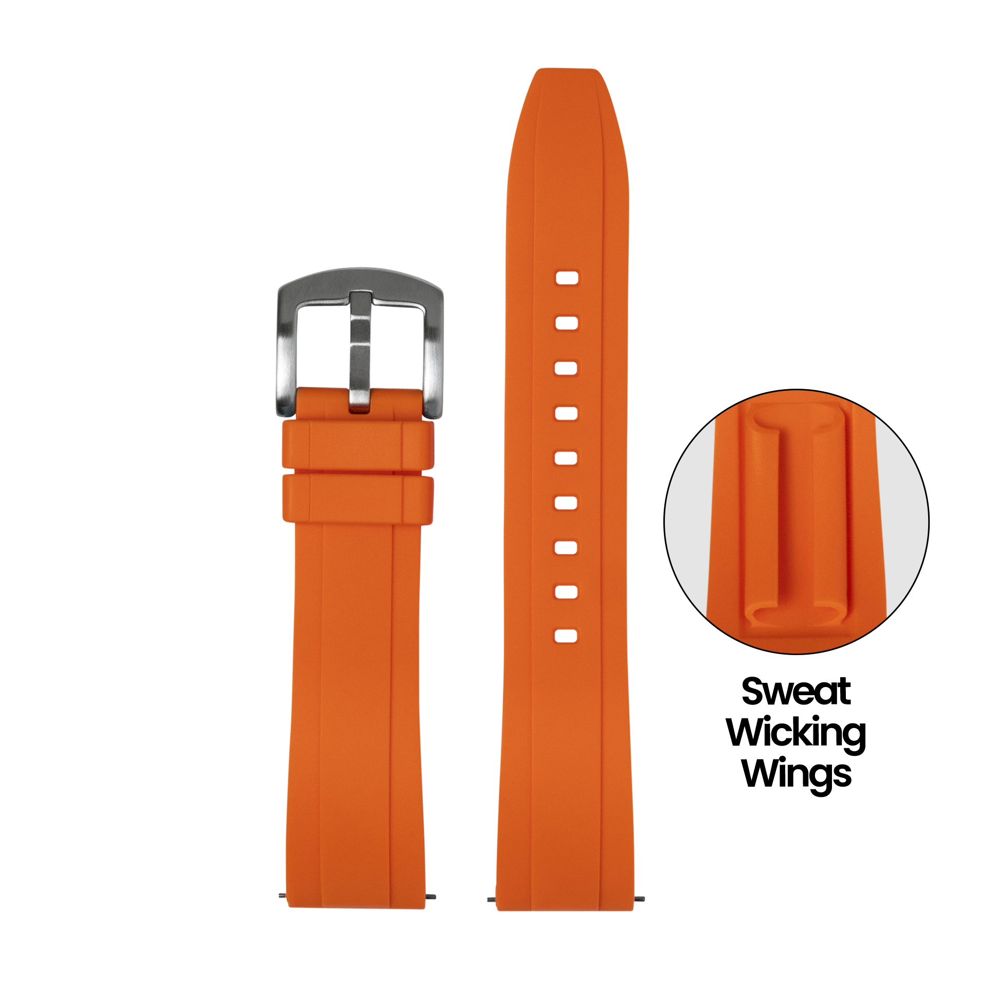 Orange FKM rubber watch strap 26mm with quick-fit system, stainless steel buckle and sweat-wicking wings